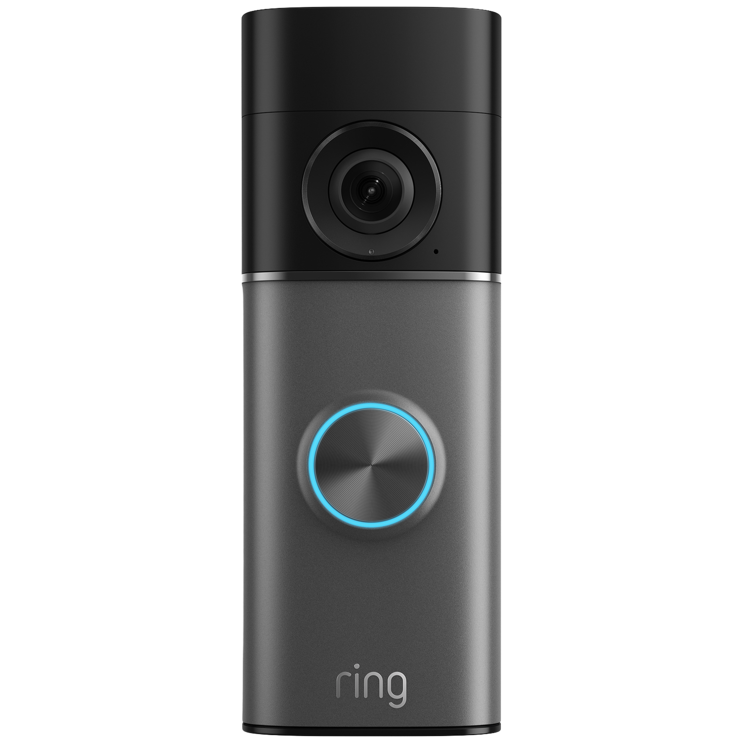 Een donkere, rechthoekige deurbelcamera met een blauwe lichtring.