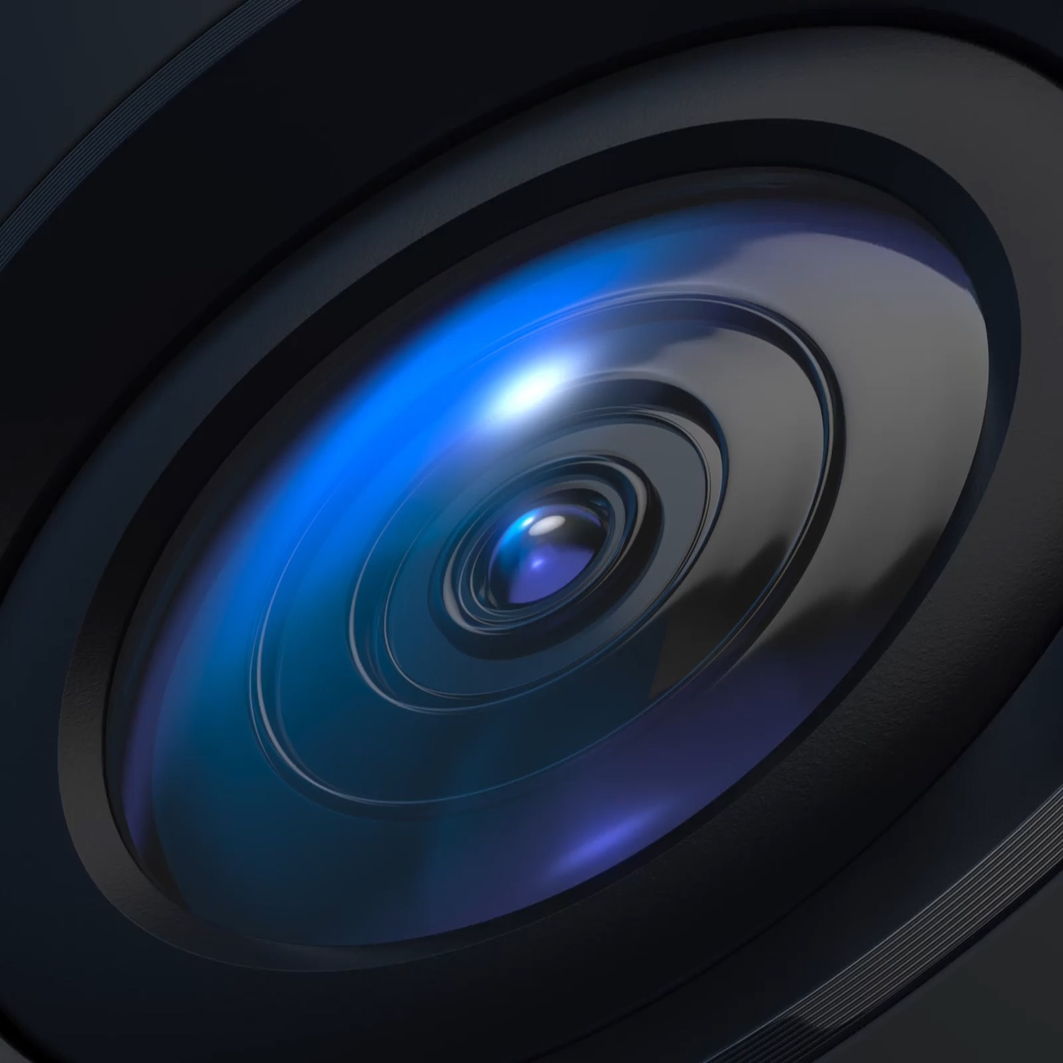 Close-up van een zwarte cameralens met blauwe lichtreflecties.