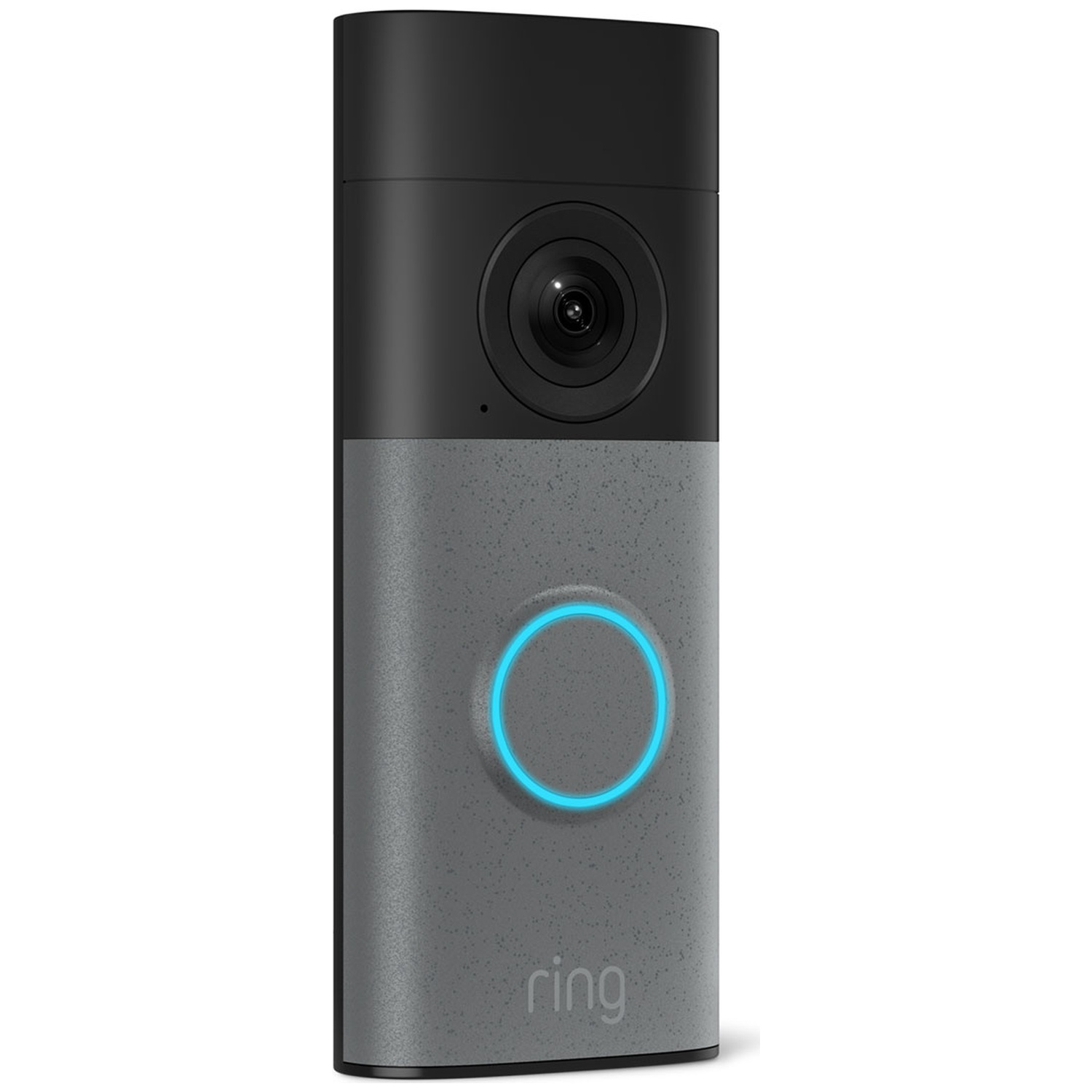 Gray Ring doorbell with black top and glowing blue button.