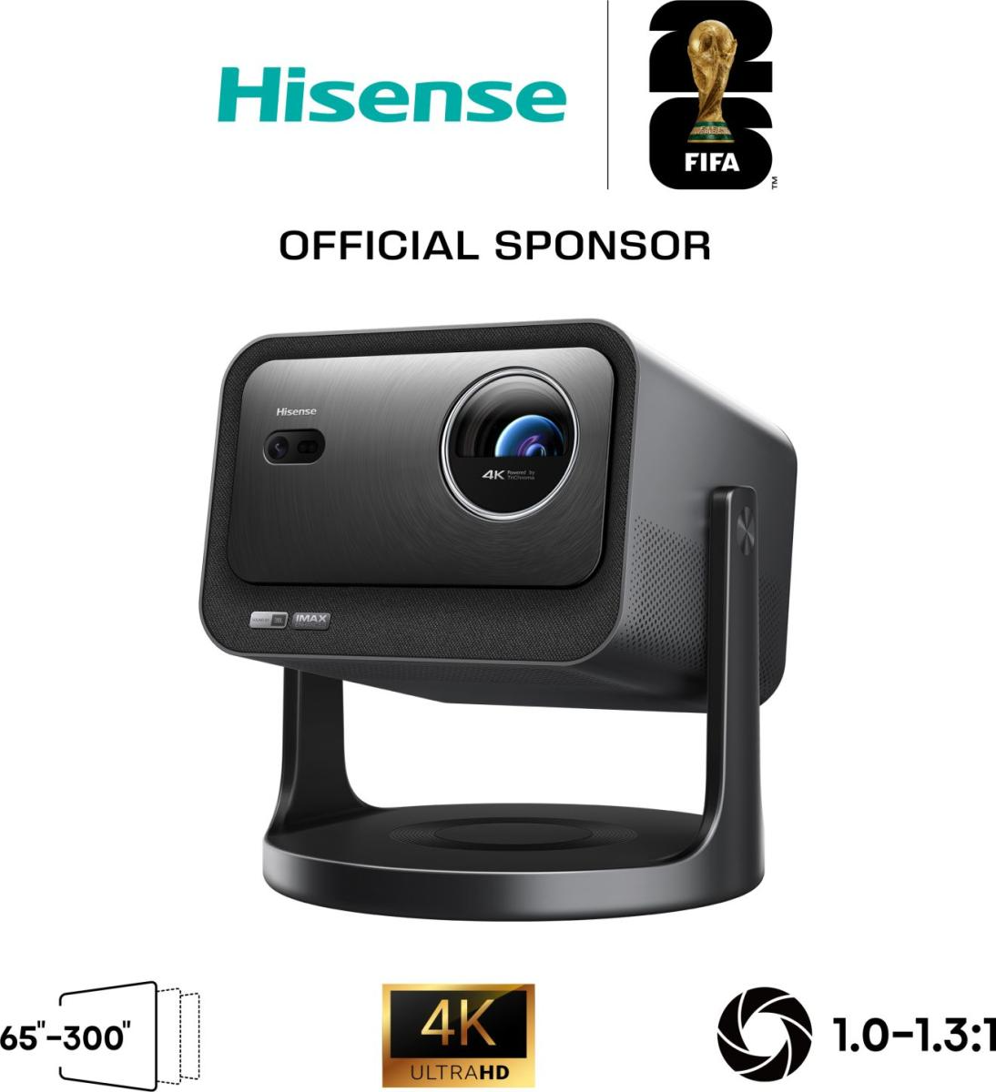 Egy fekete Hisense 4K projektor FIFA logóval és "Official Sponsor" felirattal.