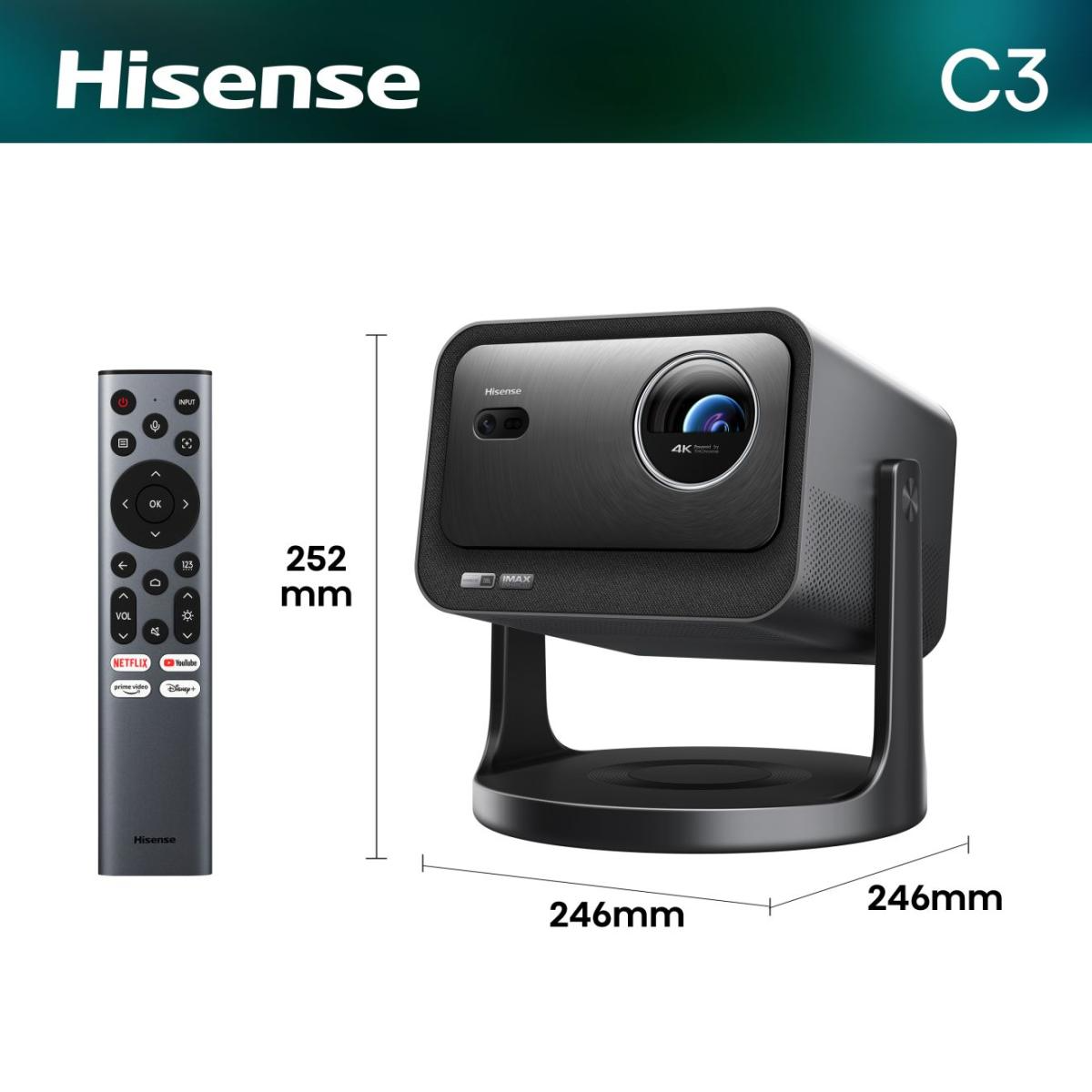 Egy Hisense C3 projektor távirányítóval, méretek 252x246x246mm.