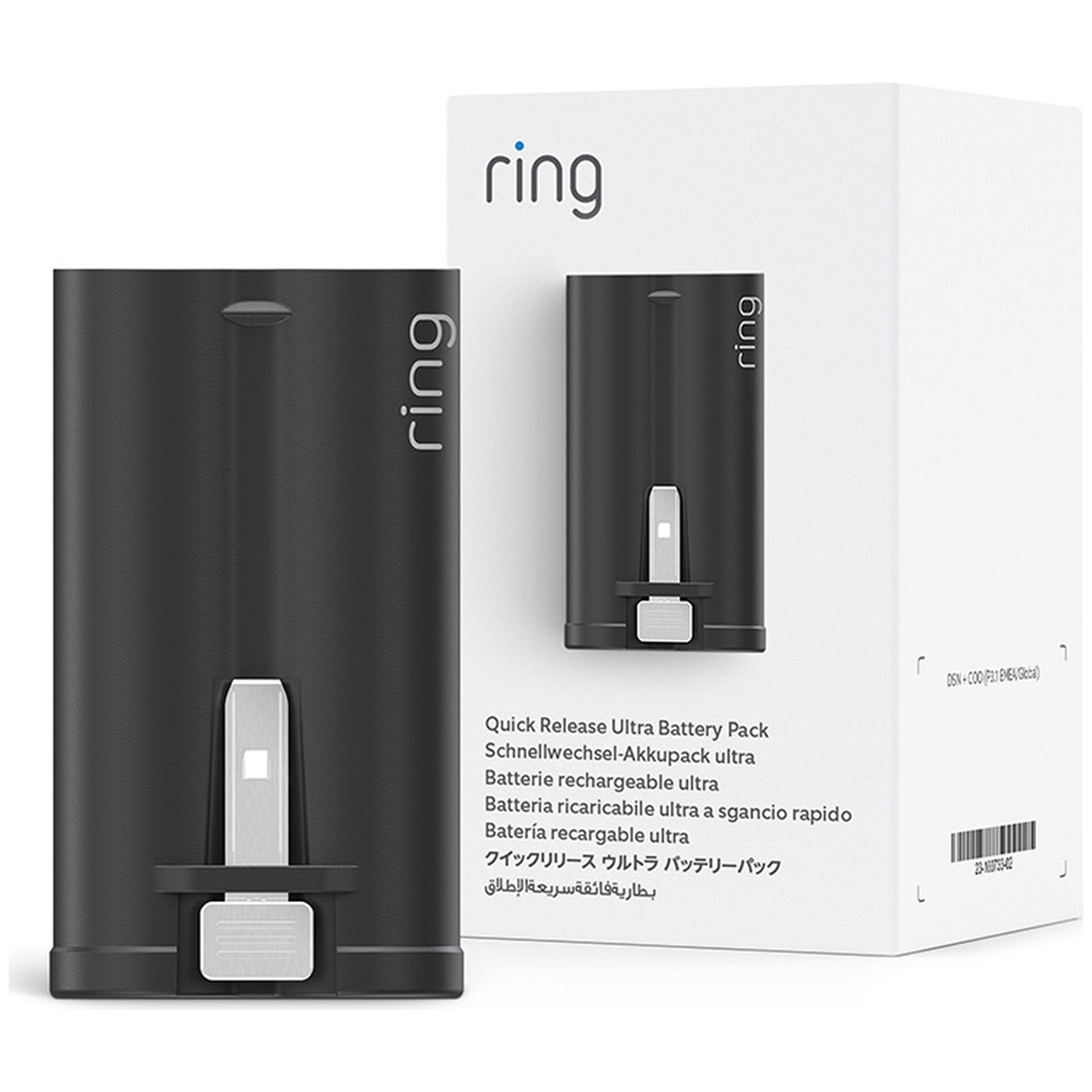 Batterie noire Ring à côté d'une boîte blanche avec nom du produit.