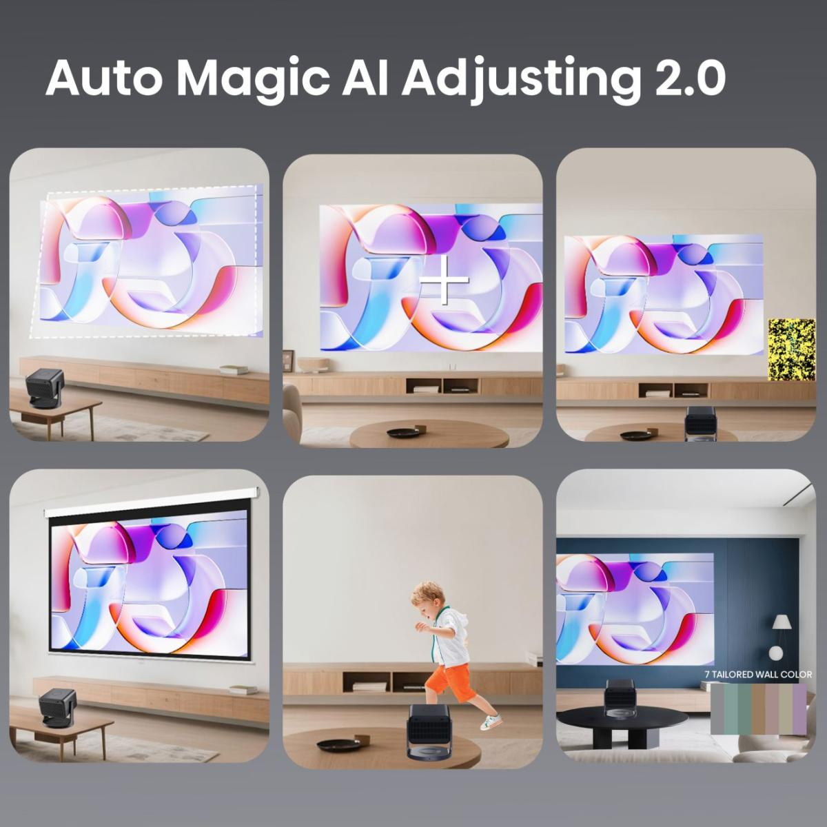 Projektor automatikusan igazítja a képet a falhoz, színes grafikát jelenít meg.