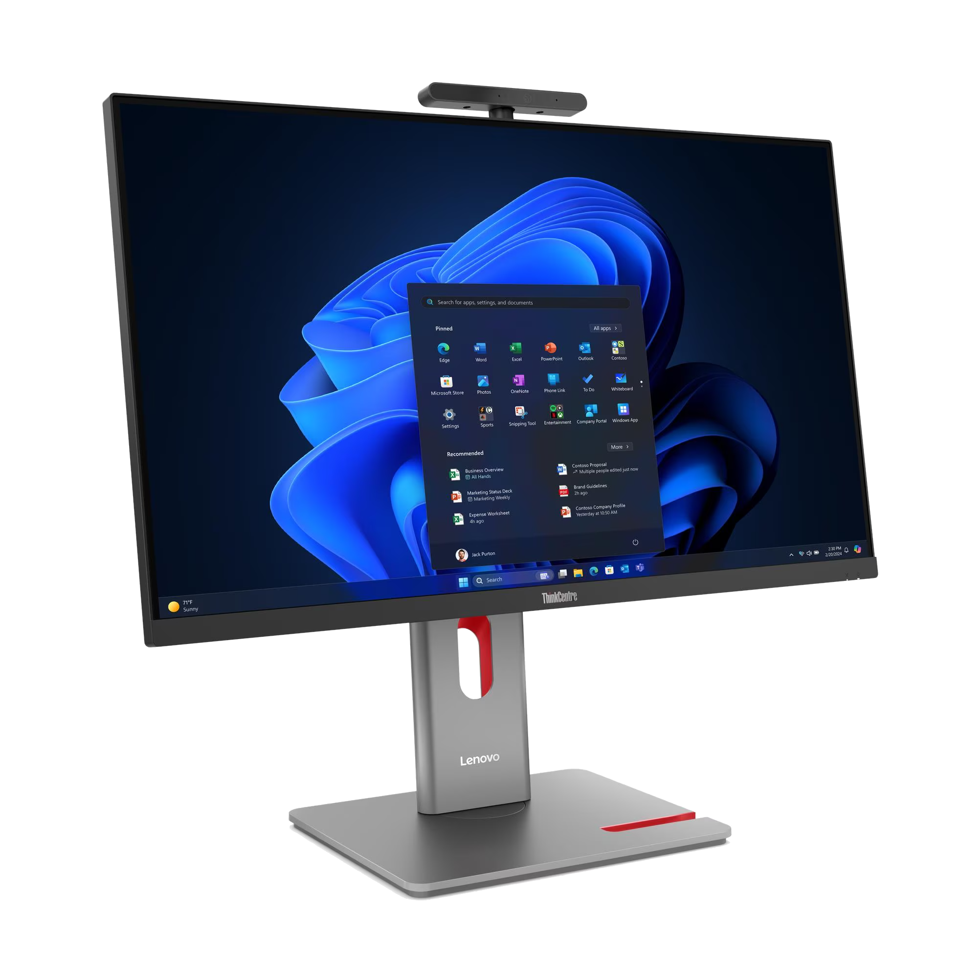 Un ordenador todo en uno moderno con pantalla grande que muestra el menú inicio de Windows 11.