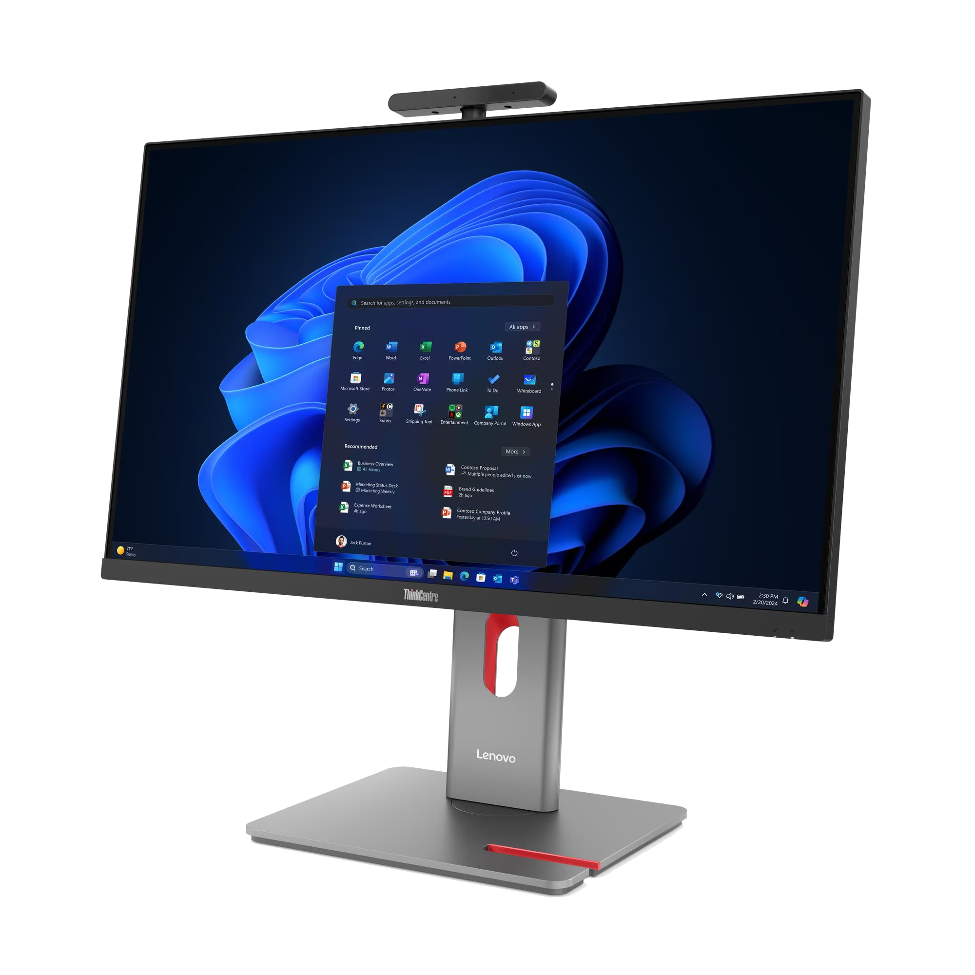 Un PC todo en uno Lenovo ThinkCentre mostrando el menú de inicio de Windows 11, con cámara y base plateada.