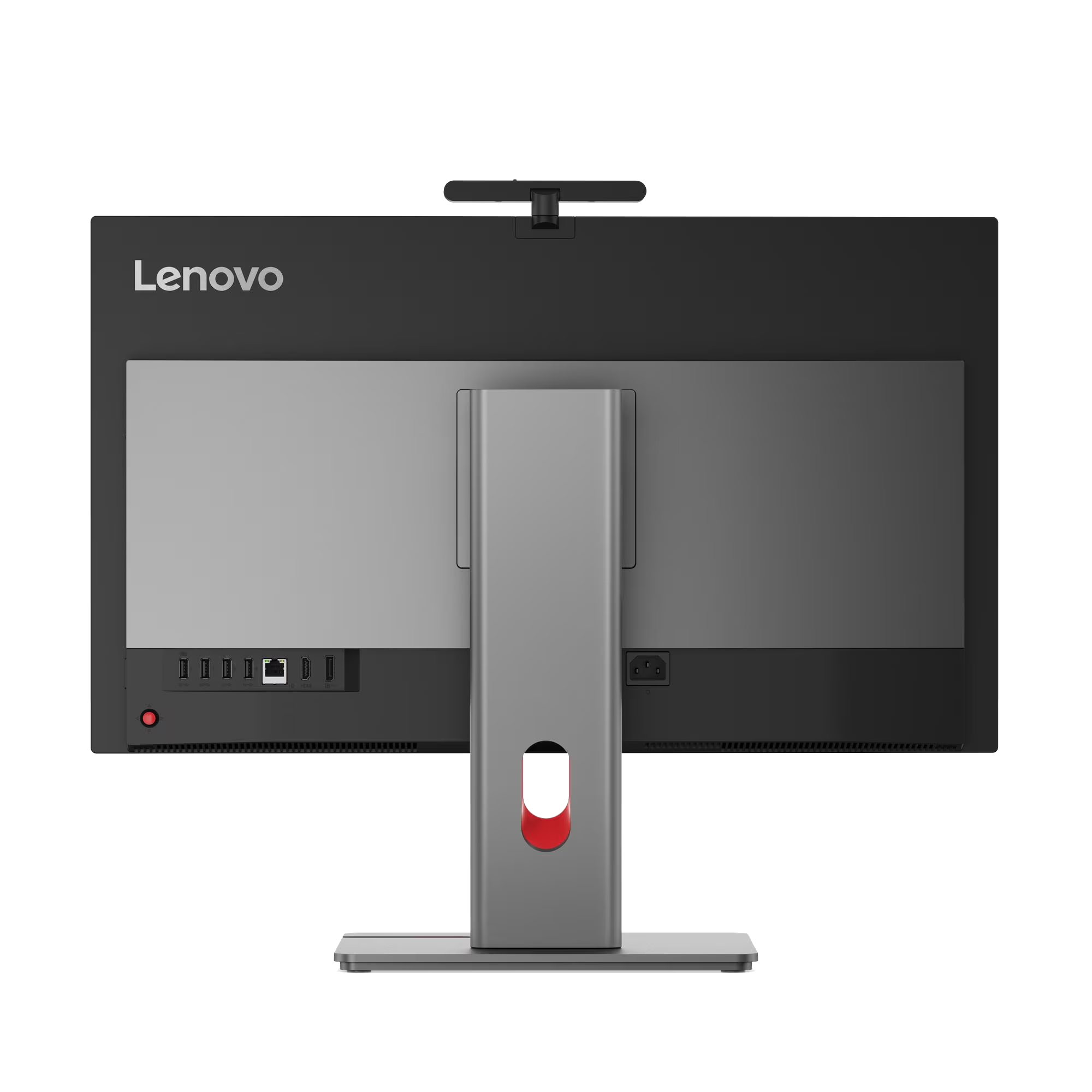 Vista trasera de un ordenador Lenovo todo en uno con puertos y webcam.