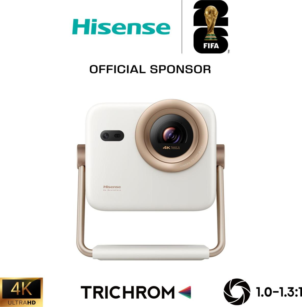 Hisense 4K projektor, hivatalos FIFA-szponzor. Fehér arany díszítéssel.