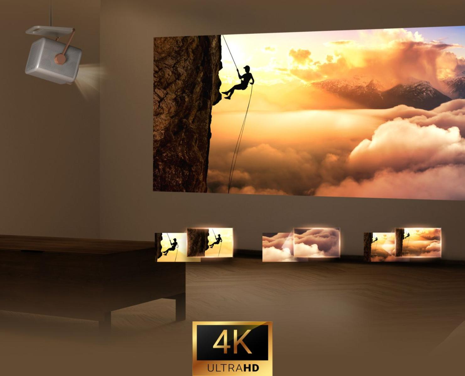 Vetítő hegymászókat vetít felhők fölé naplementekor. 4K Ultra HD.