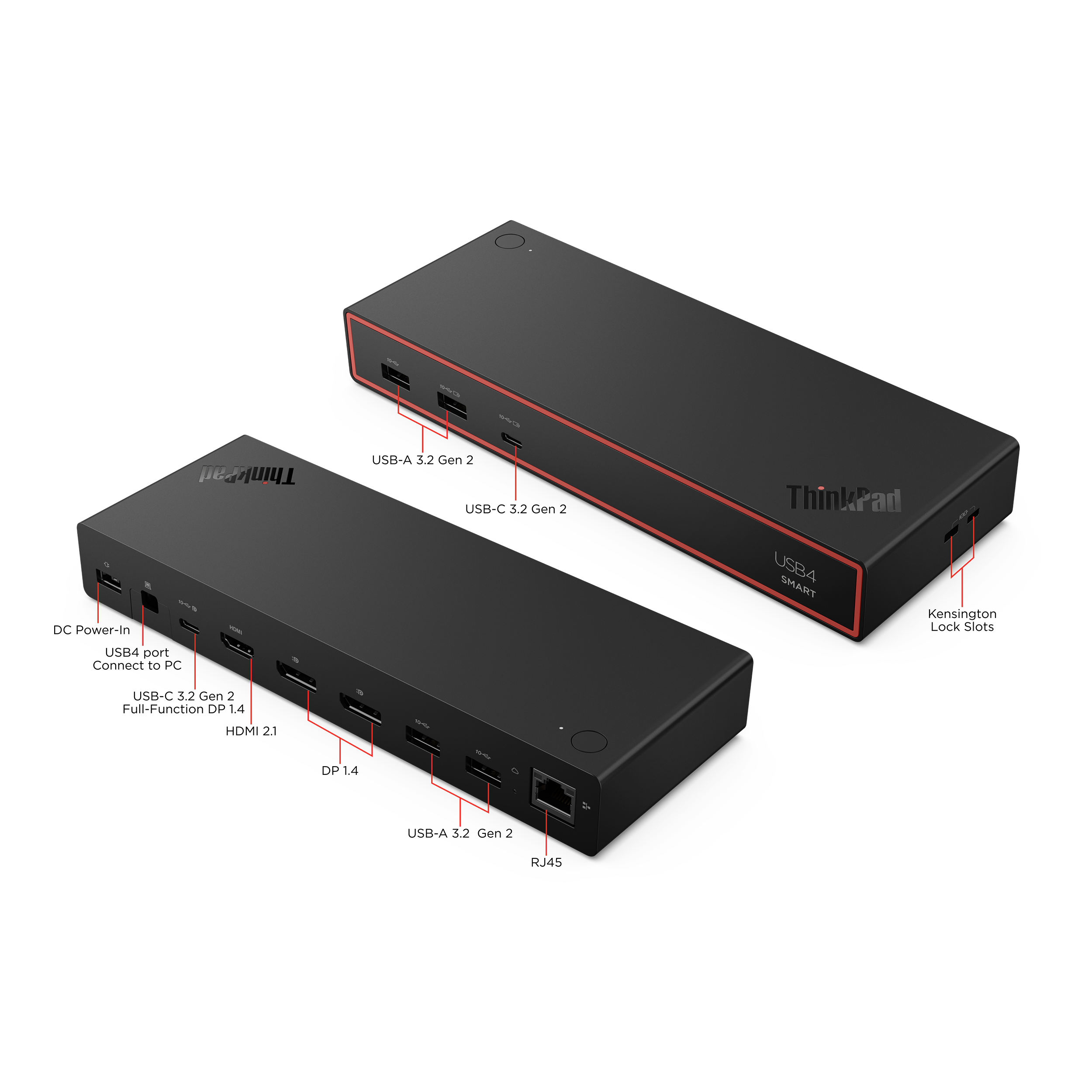 Dos estaciones de acoplamiento ThinkPad negras con detalles rojos y puertos visibles.