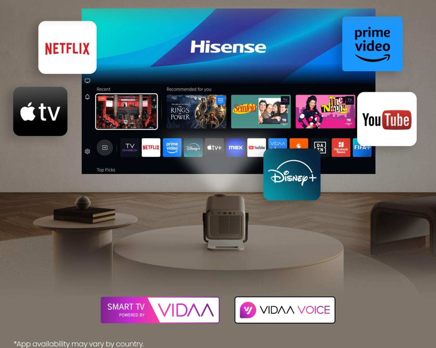 Okos TV felület app logókkal: Netflix, Prime Video, YouTube, Disney+.