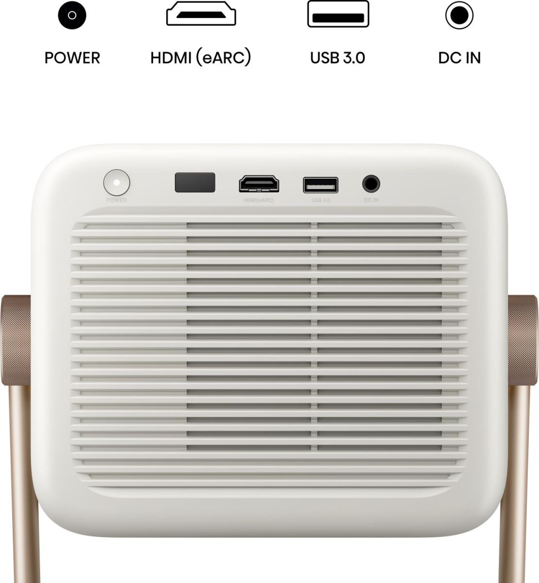 Egy fehér eszköz hátulja portokkal: Power, HDMI, USB 3.0, DC In.