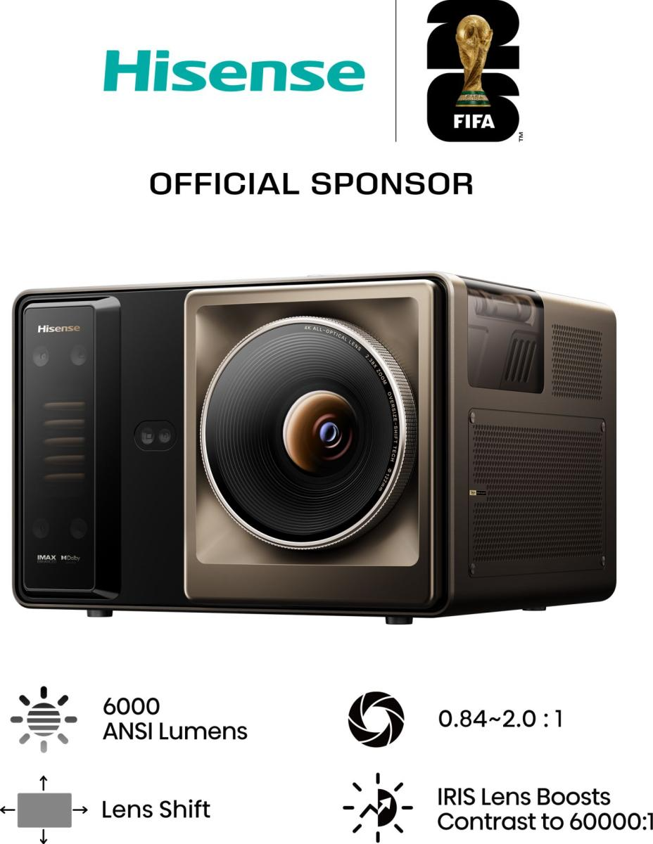 Hisense projektor nagy lencsével, 6000 ANSI Lumen, 0.84~2.0:1 kontraszt.