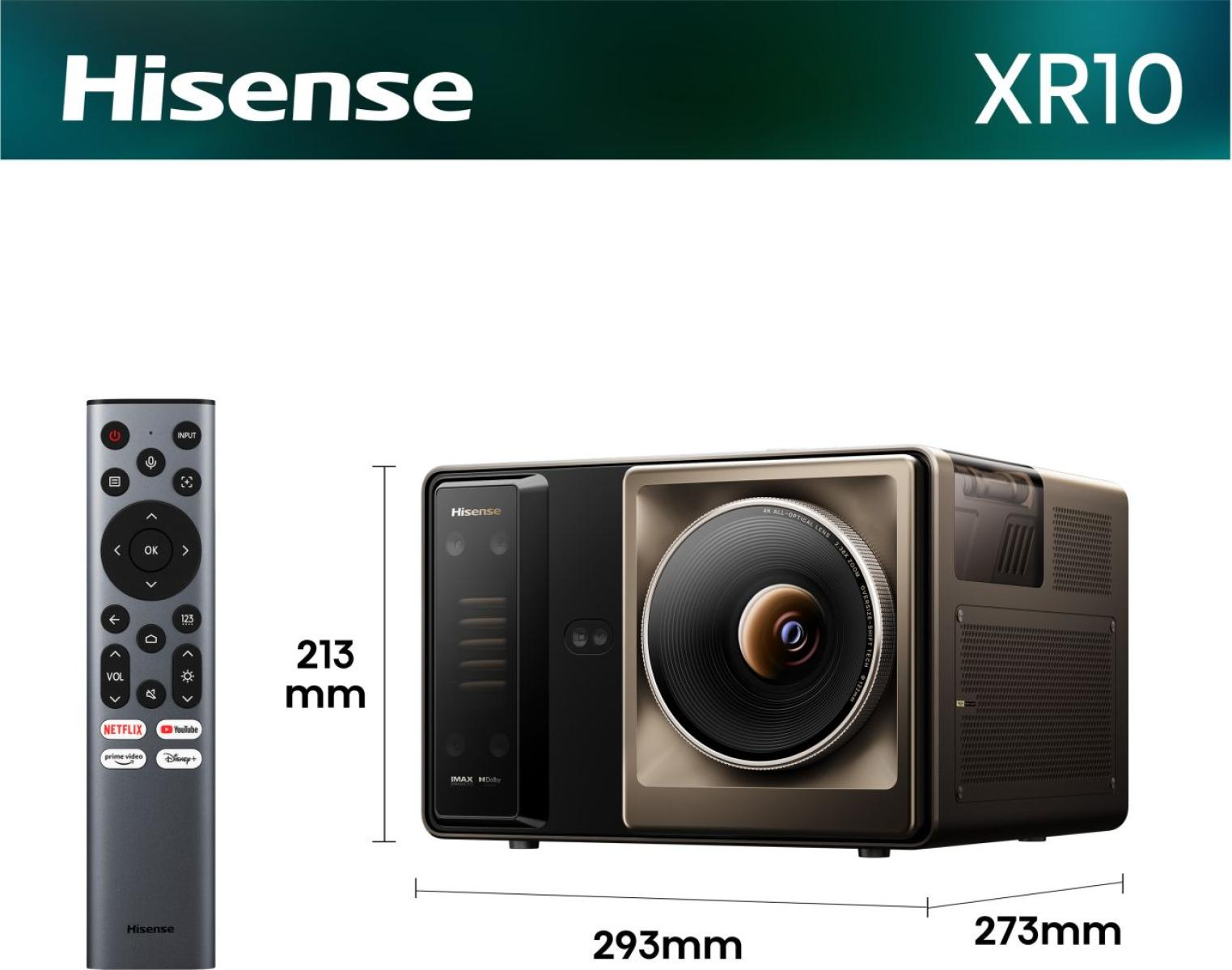Hisense XR10 projektor távirányítóval, méretei 213x293x273mm.