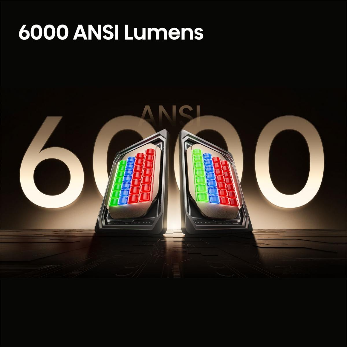6000 ANSI Lumen. Két fény modul piros, zöld és kék LED-ekkel.