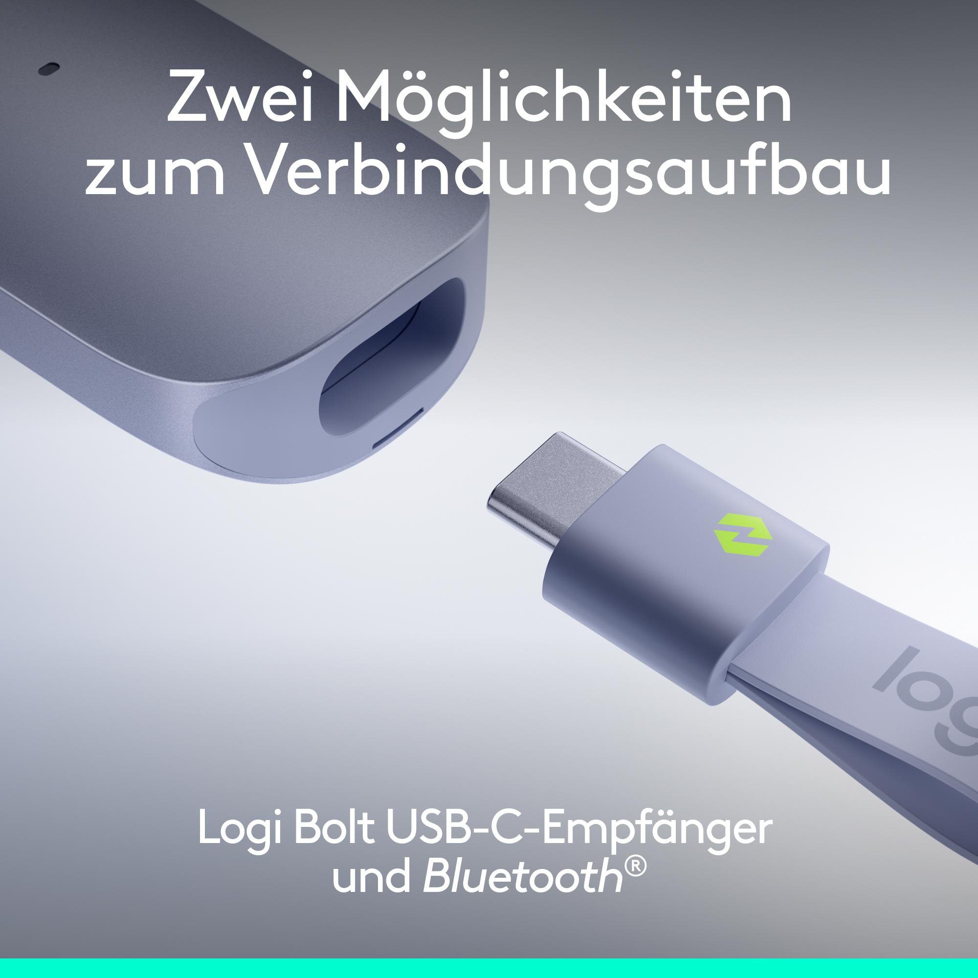 Logi Bolt USB-C Empfänger und Bluetooth. Zwei Anschlussmöglichkeiten.
