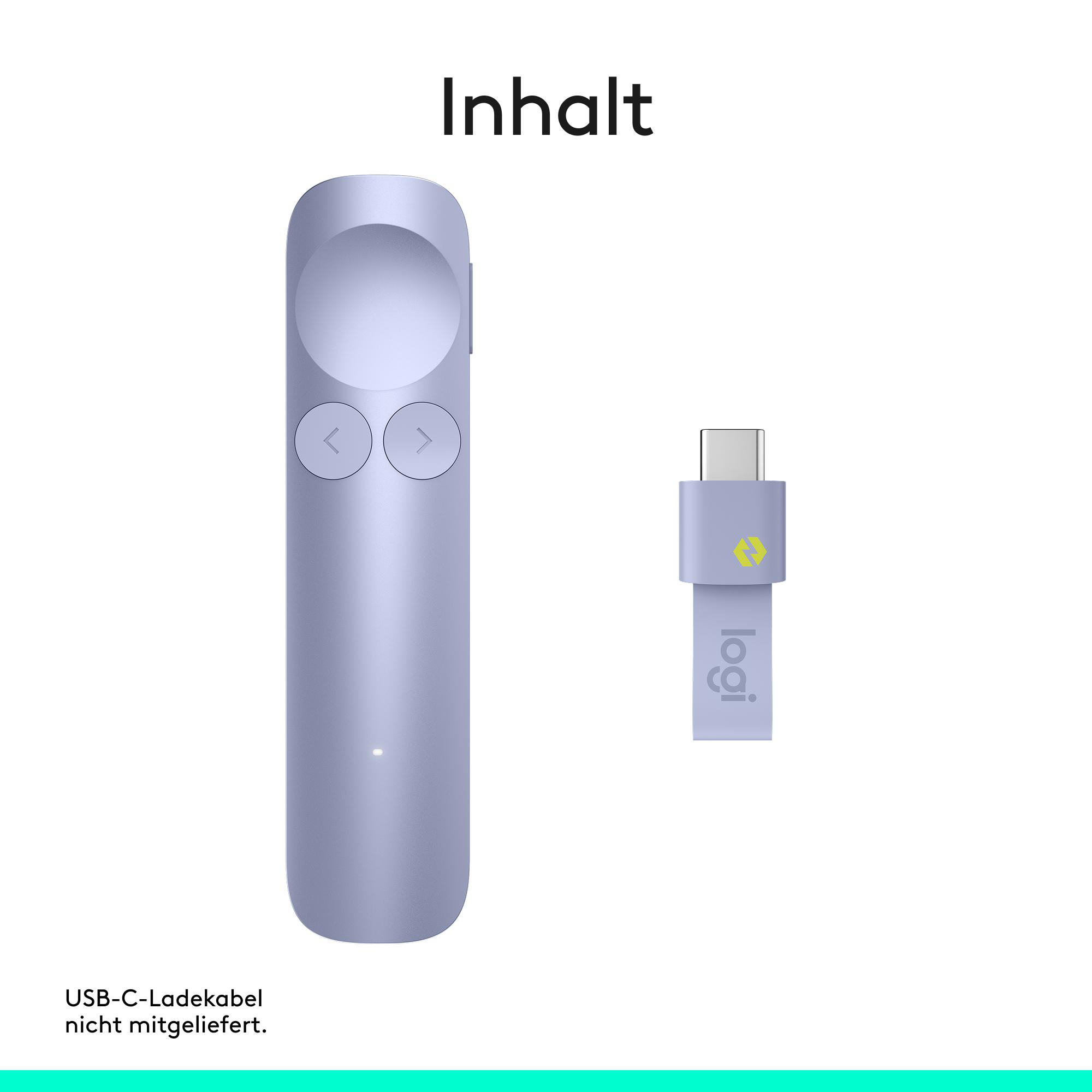 Ein lila Logitech-Presenter und ein USB-C-Dongle auf weißem Hintergrund.