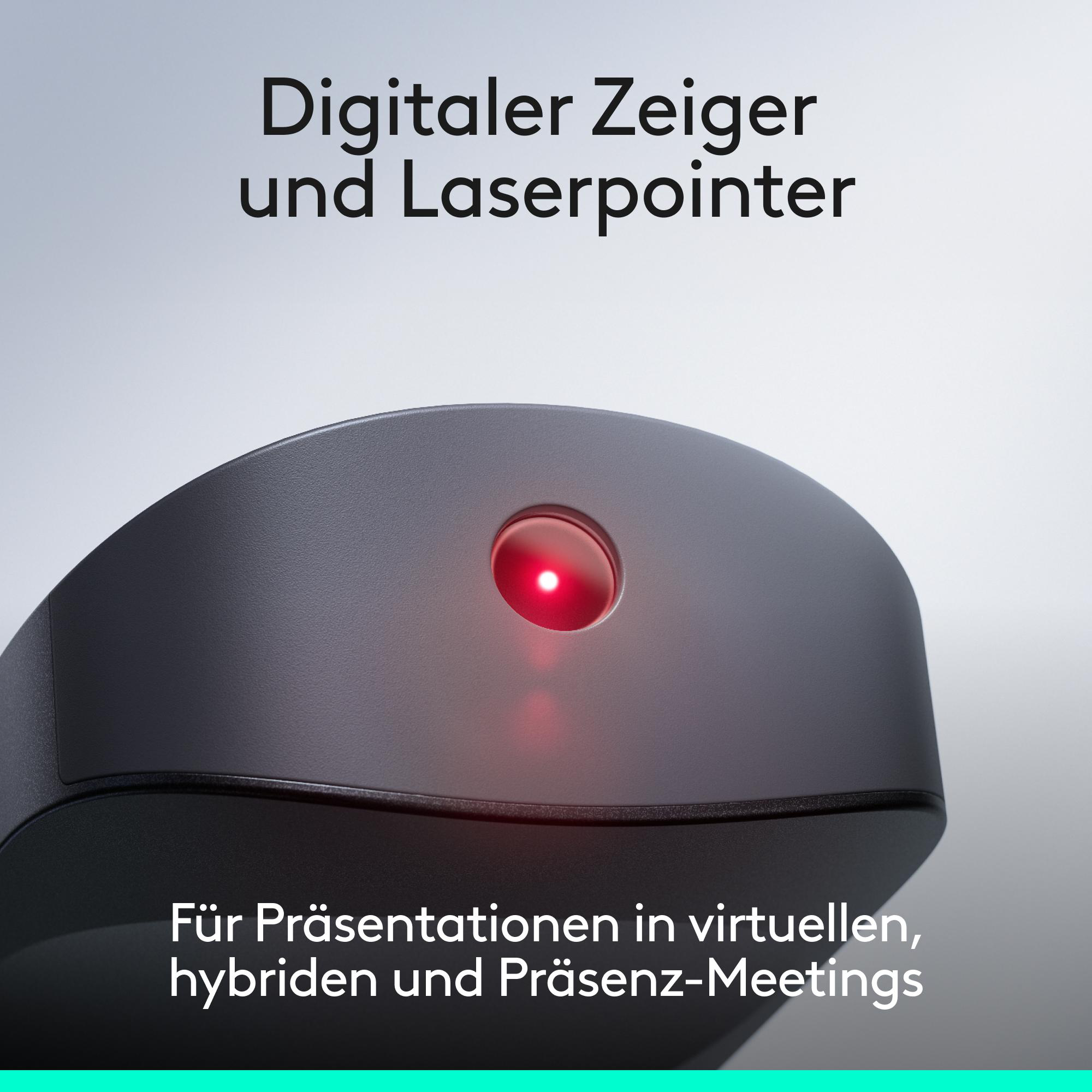 Schwarzer Laserpointer mit rotem Lichtpunkt, für Präsentationen.