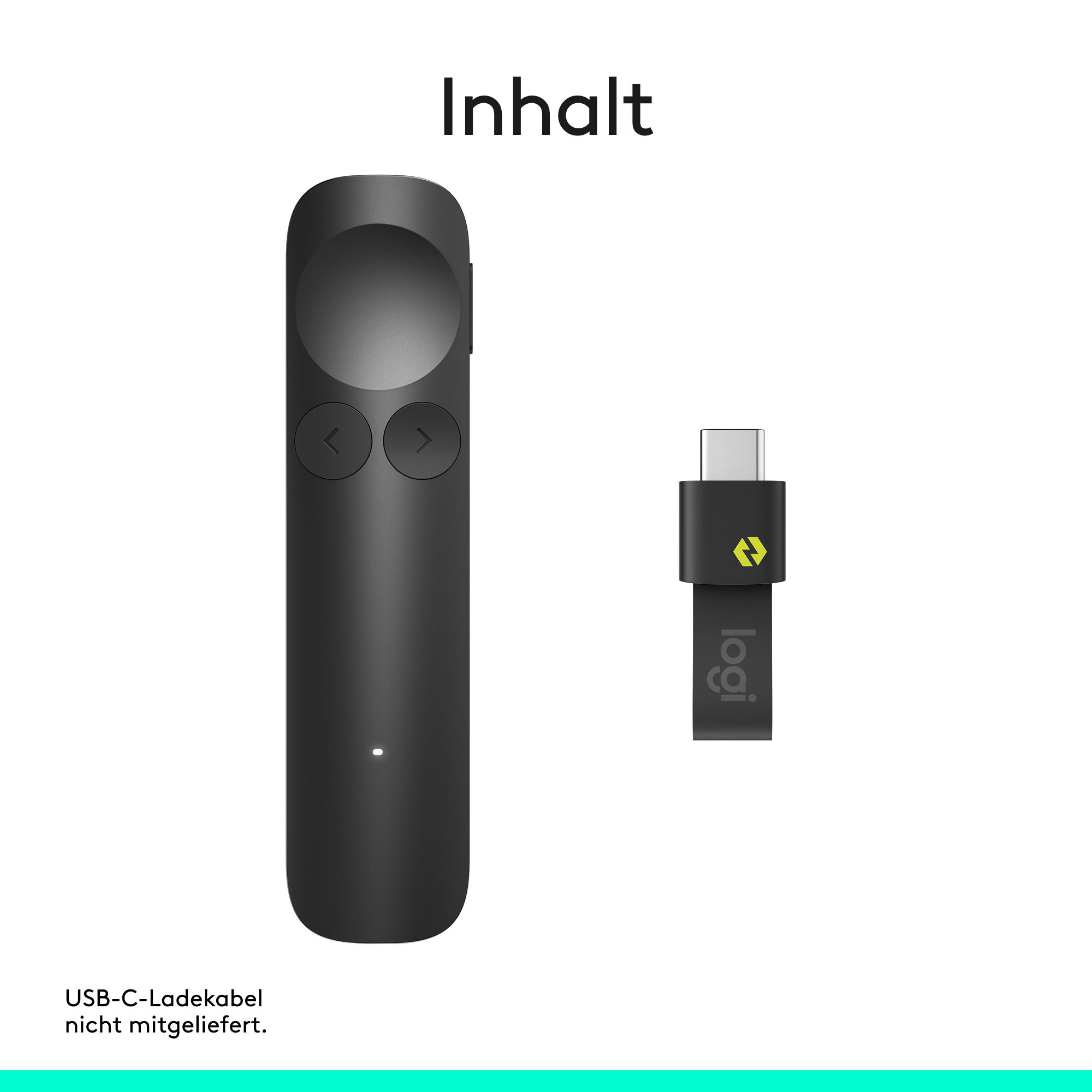 Schwarzer Presenter und USB-C-Empfänger mit Logitech-Logo.