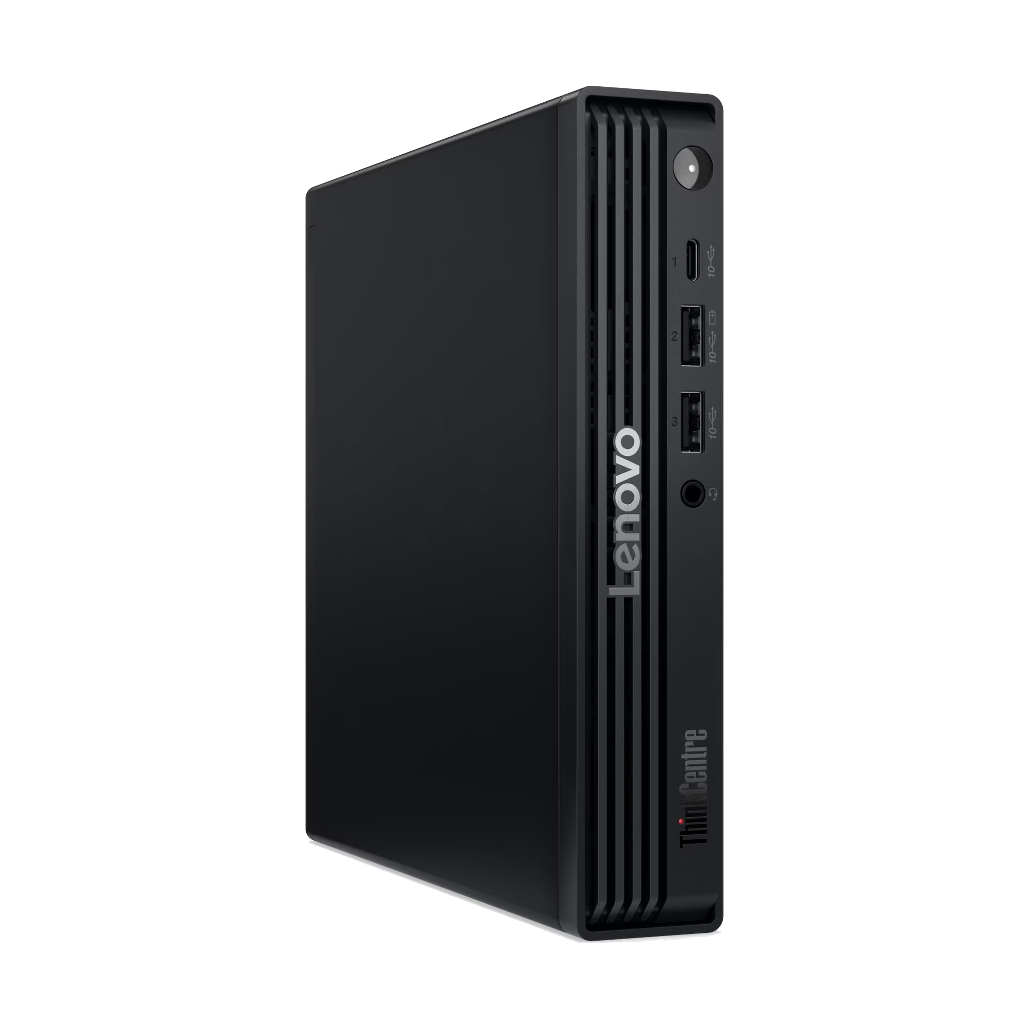 Mini PC Lenovo ThinkCentre negro con puertos frontales.