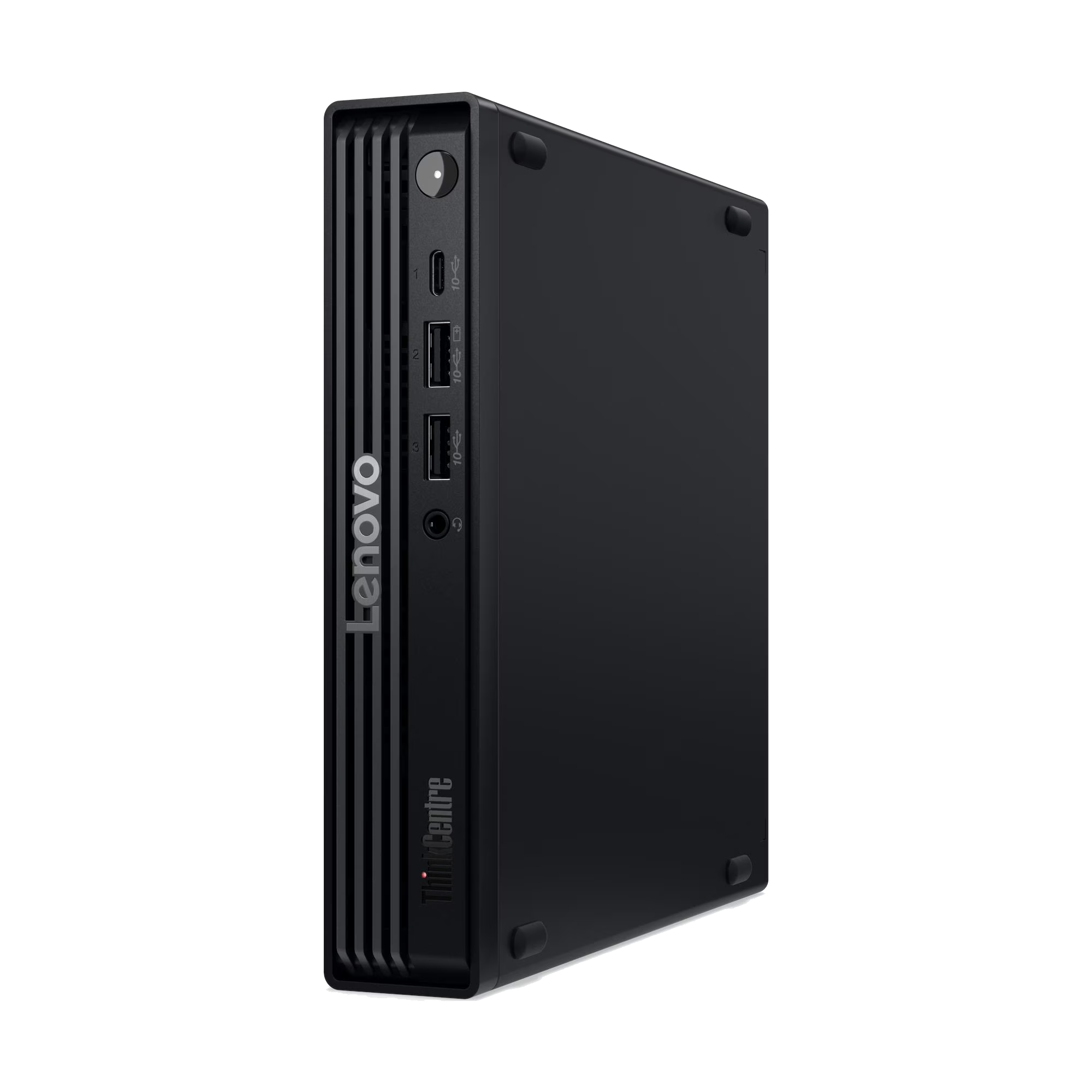 Mini PC negro Lenovo ThinkCentre con puertos frontales.