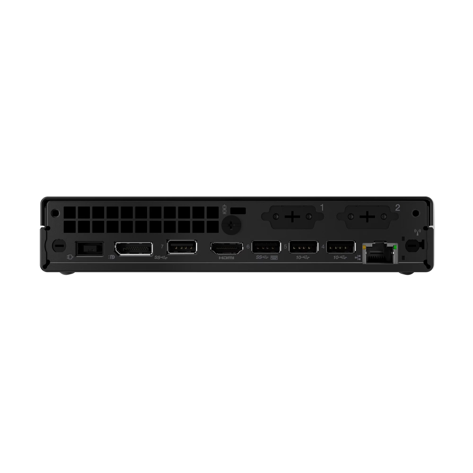 Parte trasera de un ordenador negro con puertos: USB, HDMI, Ethernet.