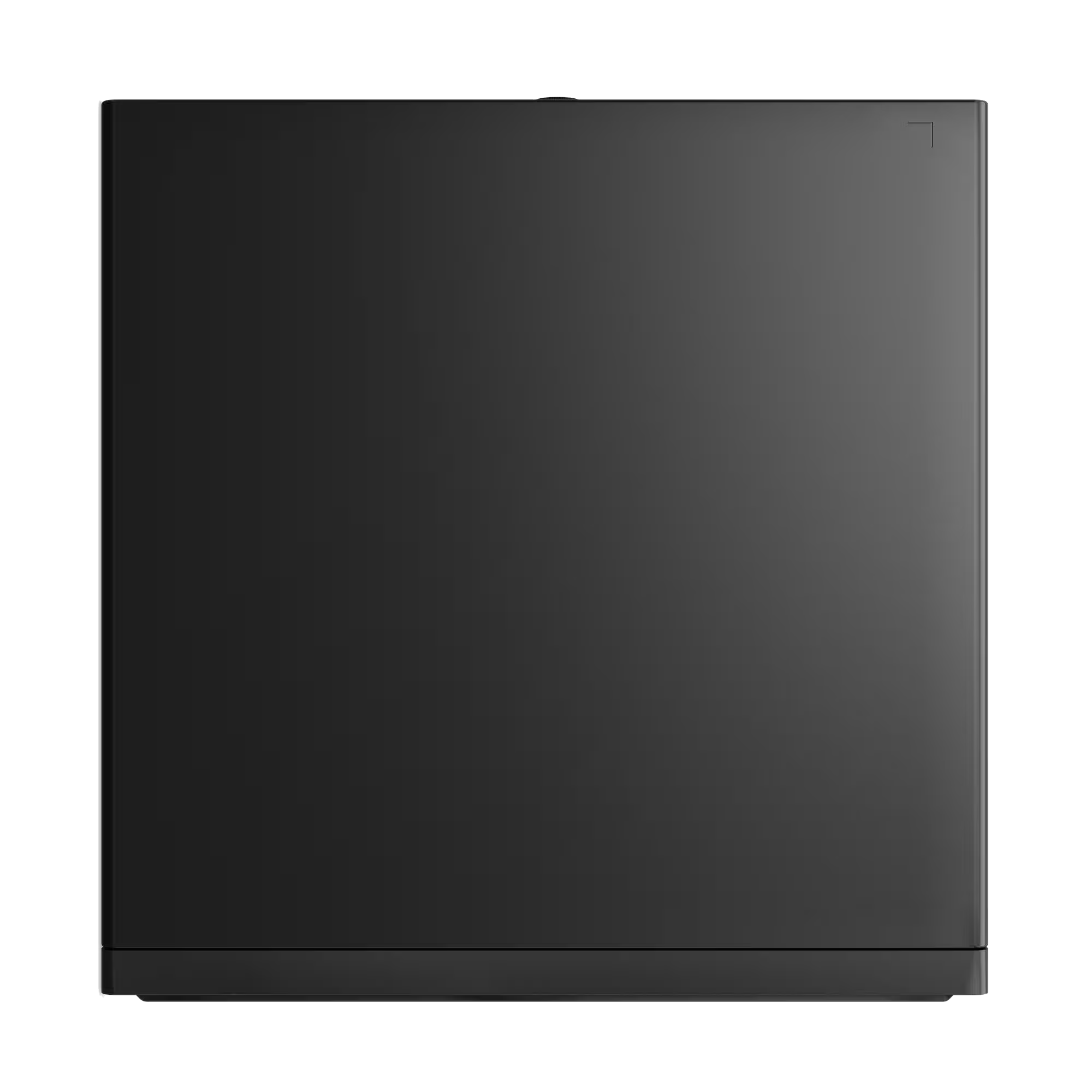Un refrigerador elegante y oscuro con una superficie lisa, vista frontal.