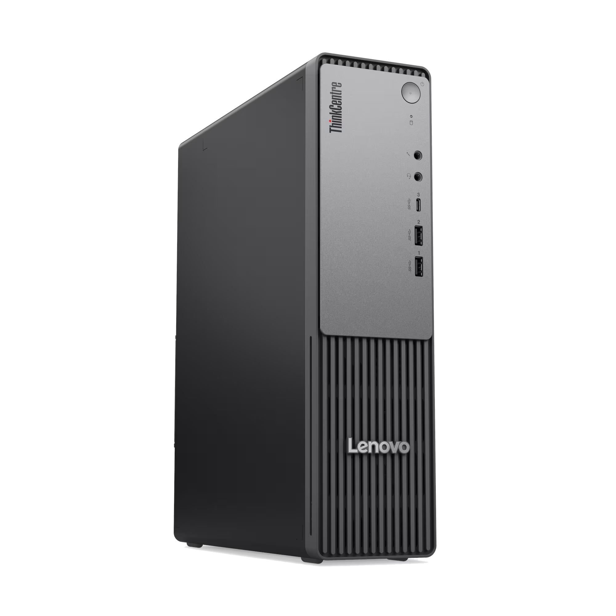 Una torre de escritorio Lenovo ThinkCentre gris con puertos USB y ranuras de ventilación.