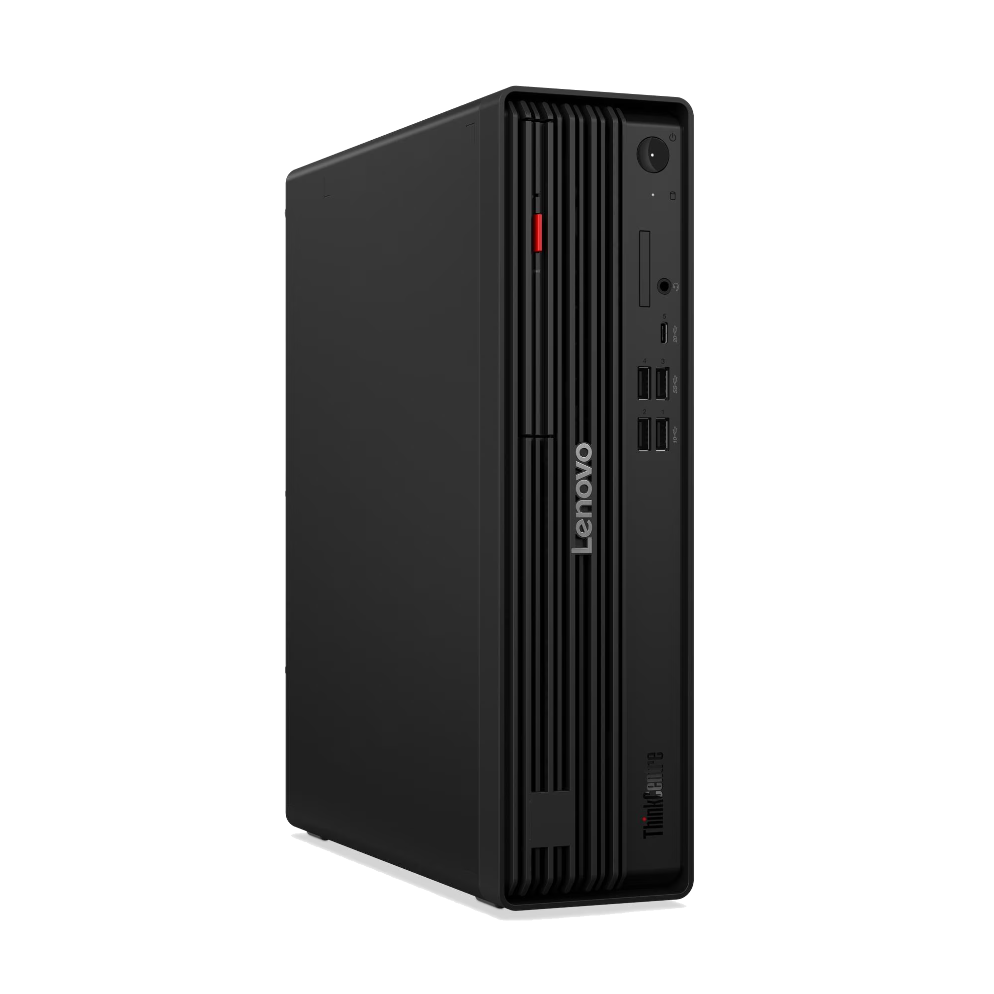 Un PC de escritorio Lenovo ThinkCentre delgado y negro con ranuras de ventilación y puertos.