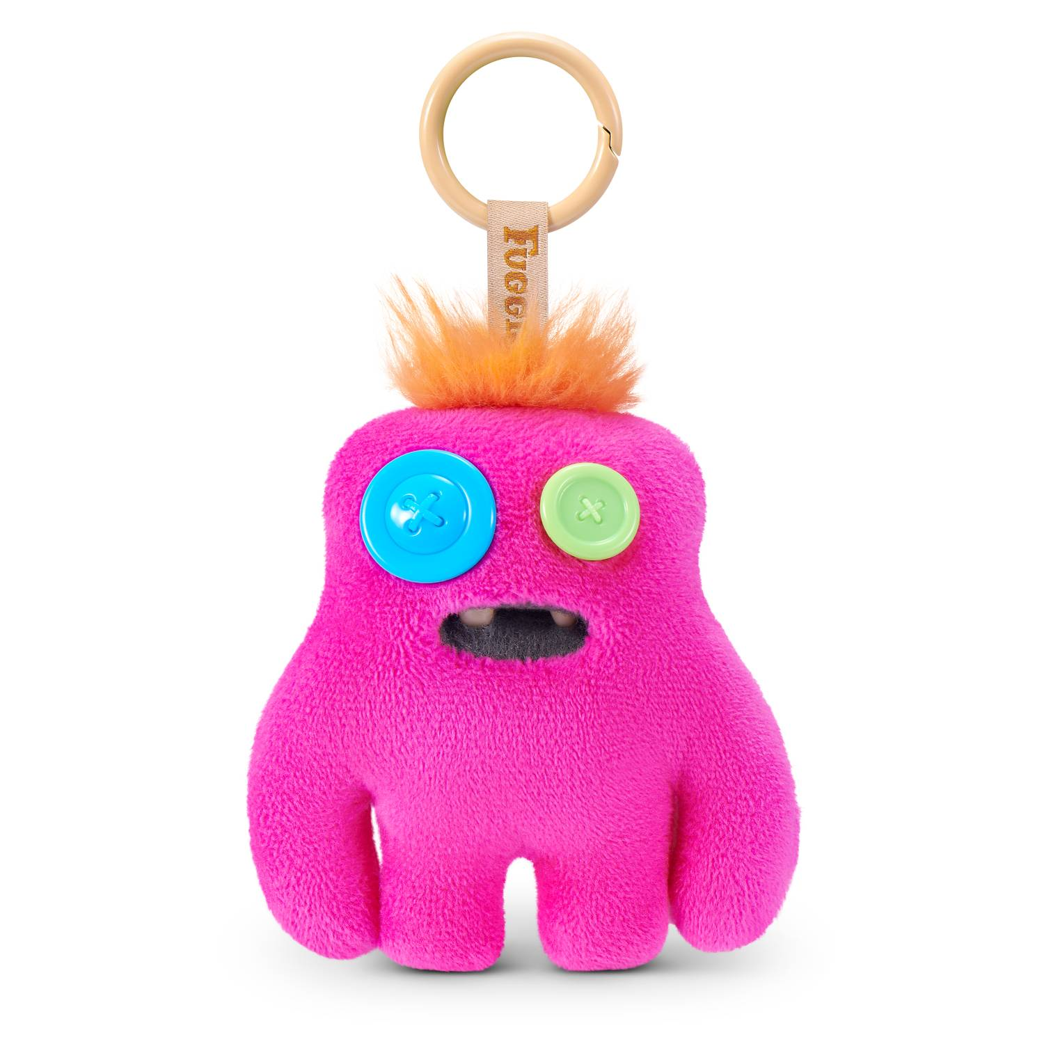 Un llavero de monstruo de peluche rosa con pelo naranja y ojos de botón.