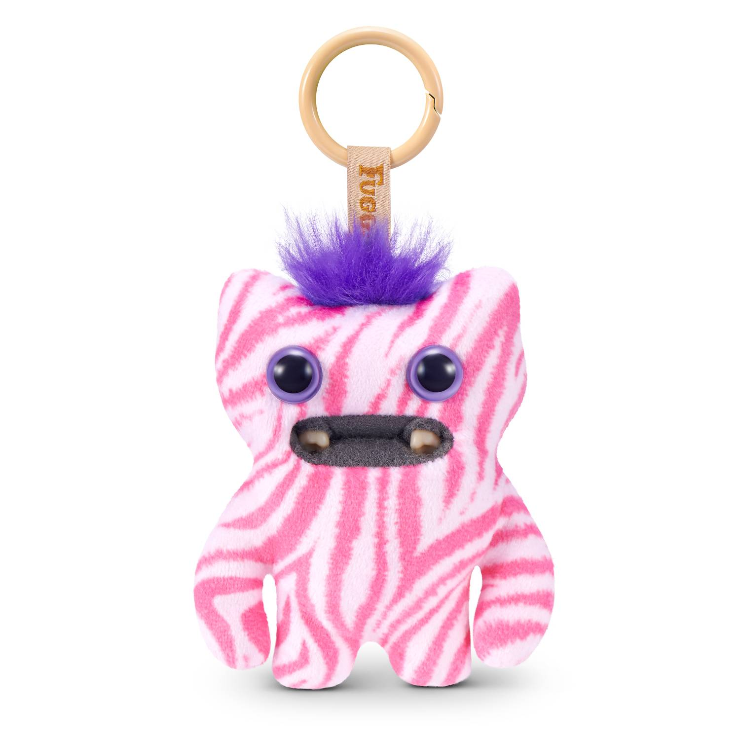 Llavero de peluche rosa a rayas de cebra con pelo morado y ojos grandes.
