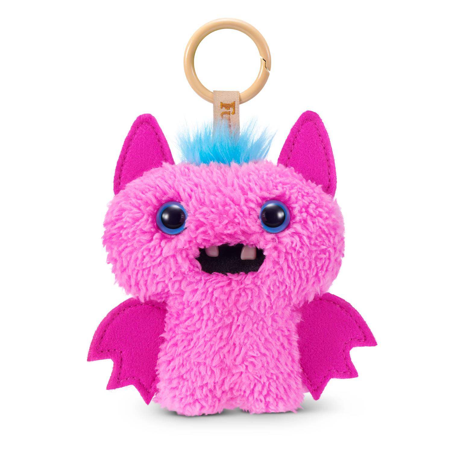 Un llavero de monstruo rosa peludo con pelo azul y alas.