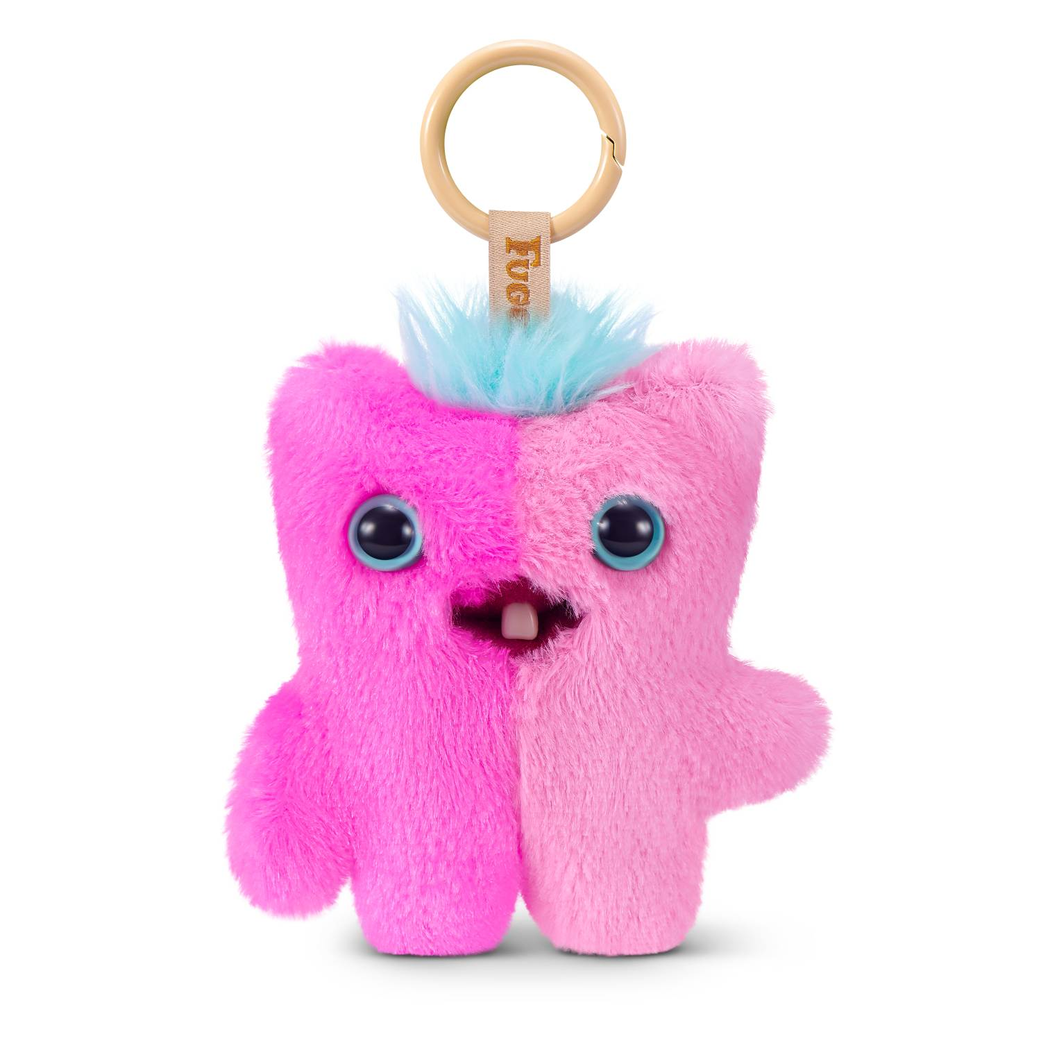 Un llavero de peluche rosa con pelo azul y un anillo.