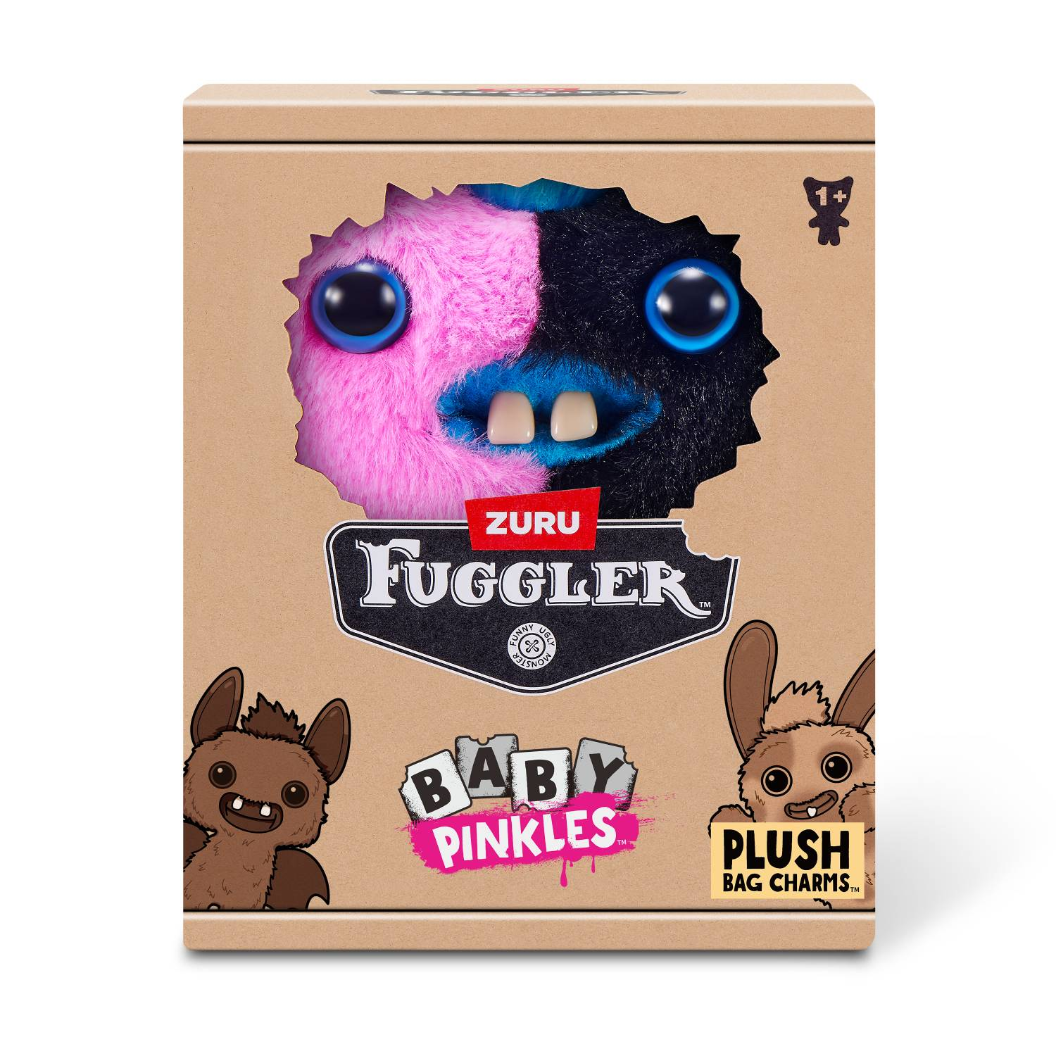 Caja de peluche Fuggler con gráficos de monstruo rosa y negro, murciélago y conejo.