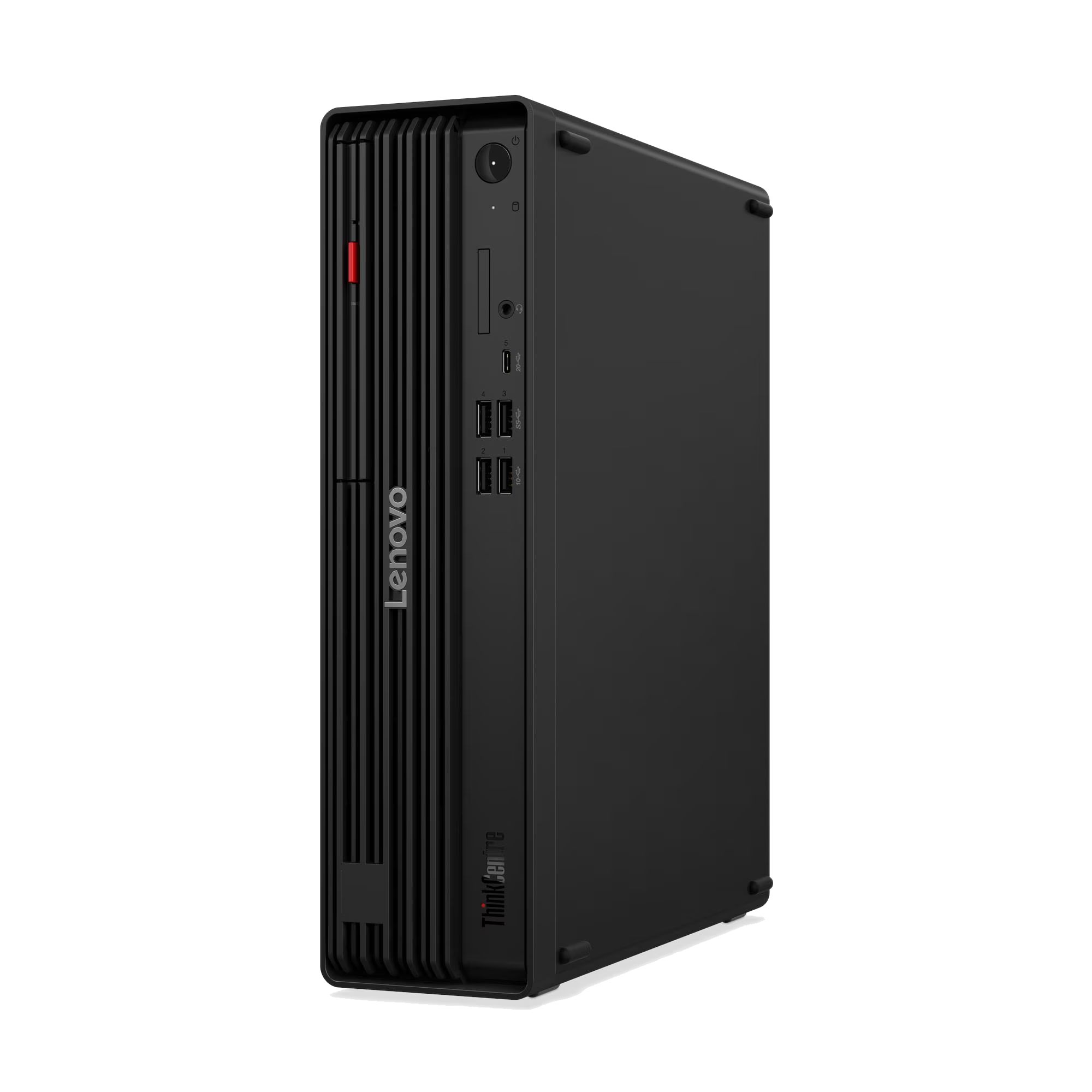 PC Lenovo ThinkCentre negro con rejillas verticales y puertos frontales.