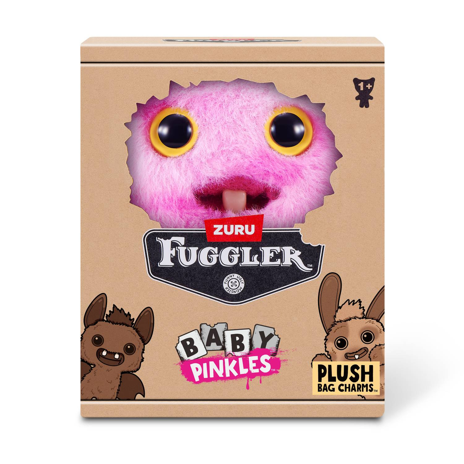 Un peluche Fuggler rosa con ojos amarillos y dientes salidos asoma de una caja.