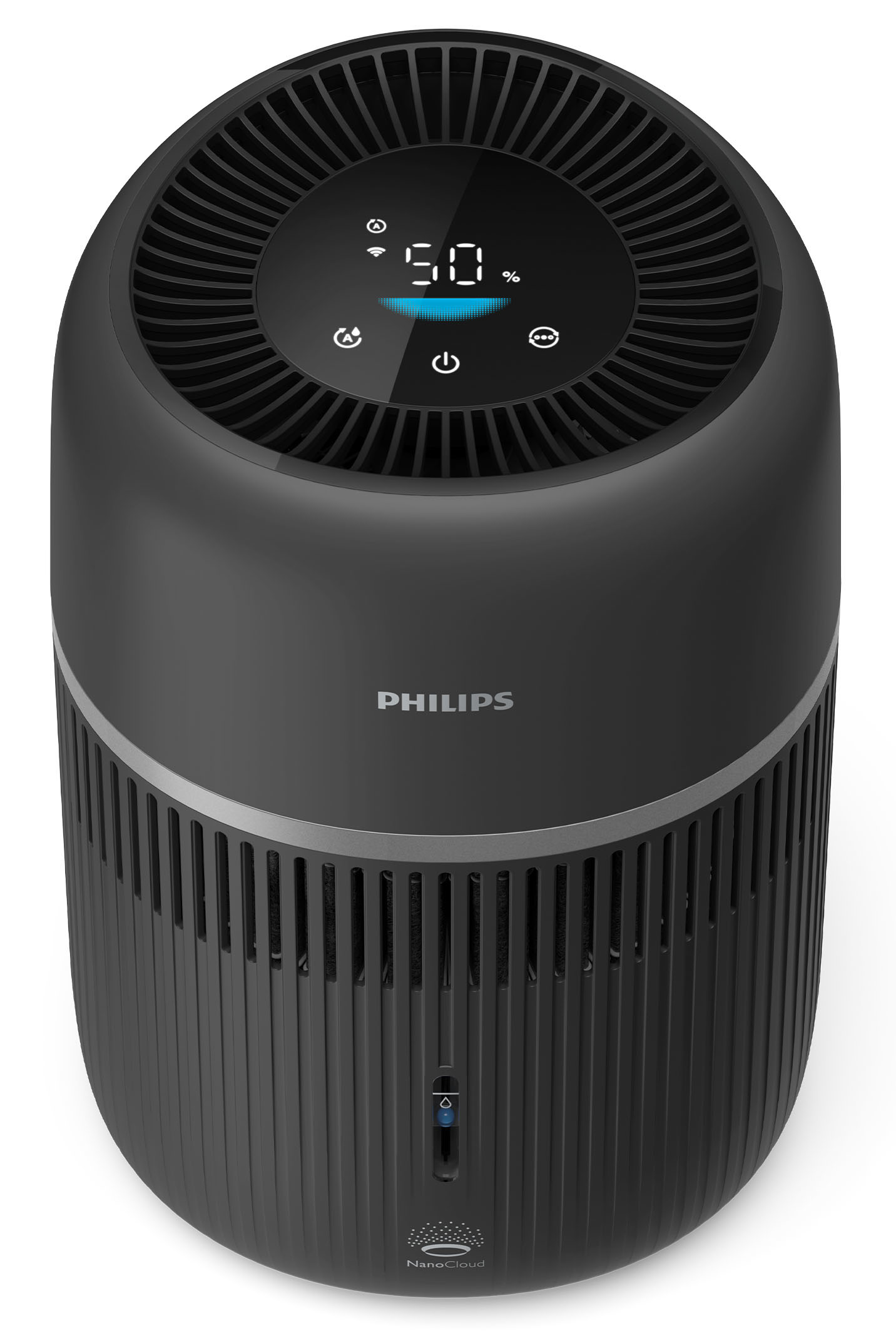 Czarny oczyszczacz powietrza Philips z cyfrowym wyświetlaczem i otworami wentylacyjnymi.
