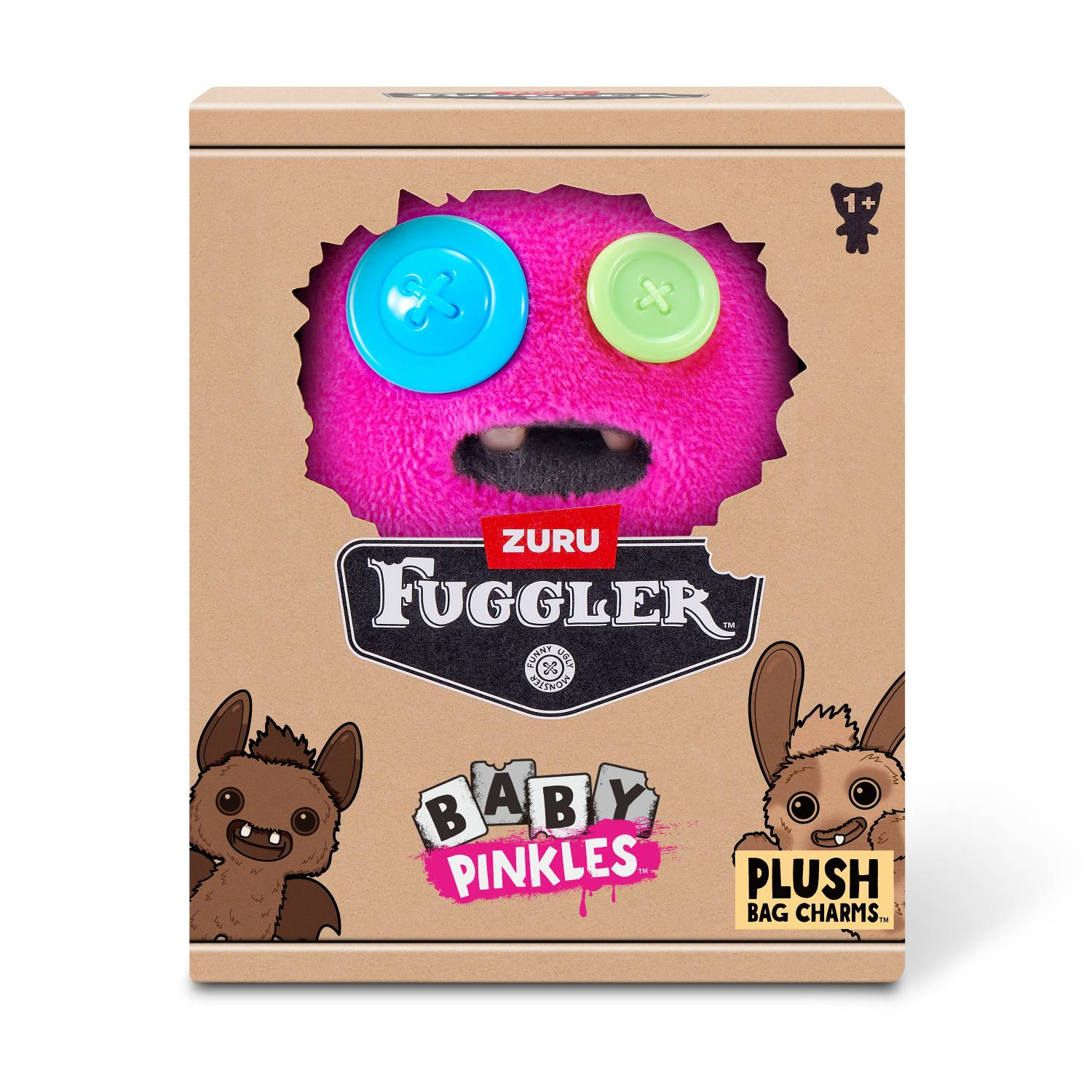 Caja de peluche Fugglers: monstruo rosa con ojos de botón, personajes de murciélago y conejo.