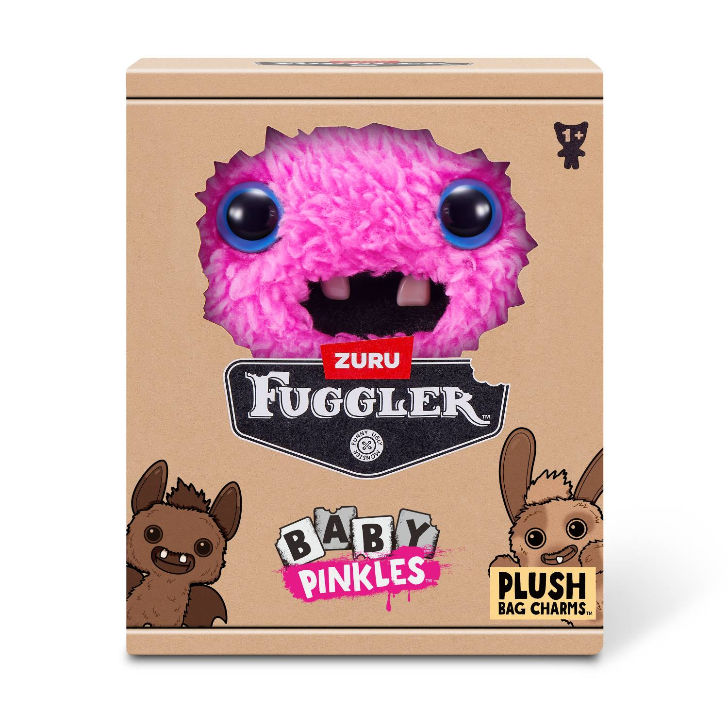 Un peluche Fuggler rosa asomándose de una caja de cartón con la marca Fuggler.