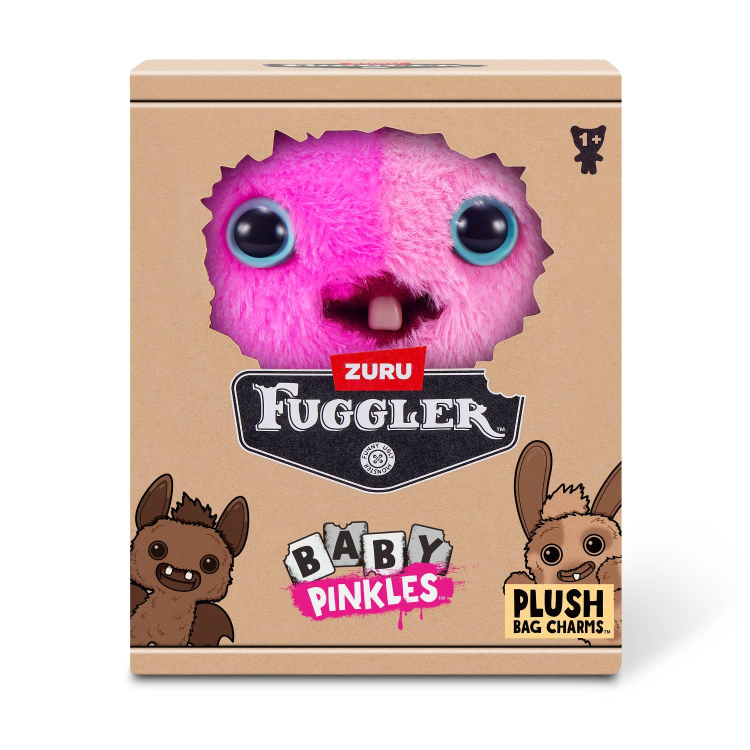 Embalaje de un peluche Fuggler rosa con ojos grandes y un diente.