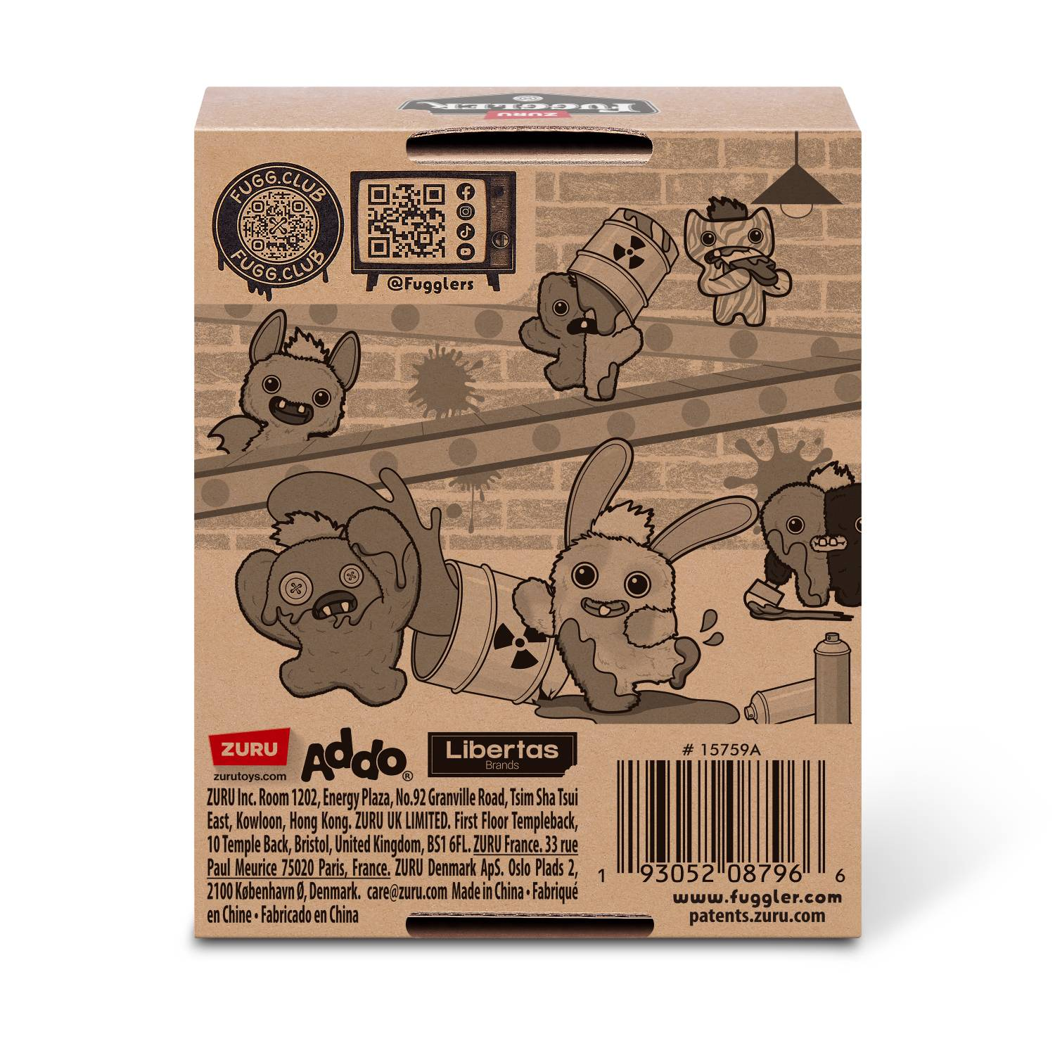 Una caja con figuras de Fuggler interactuando con barriles y latas de spray.
