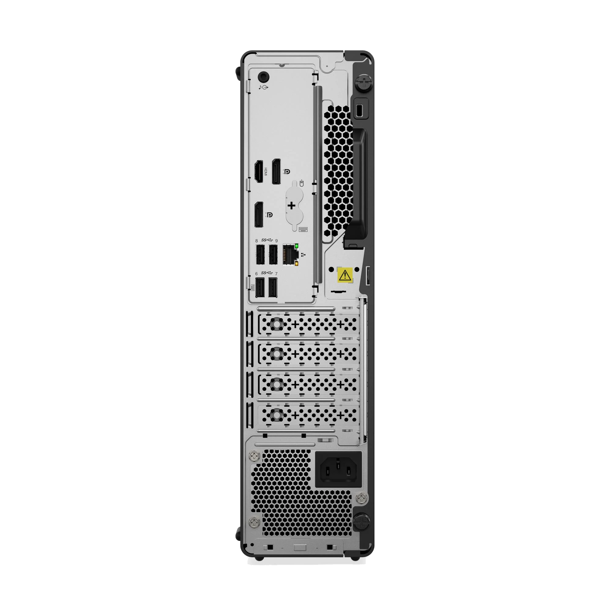 Panel trasero de un ordenador blanco con puertos como HDMI, USB y alimentación.