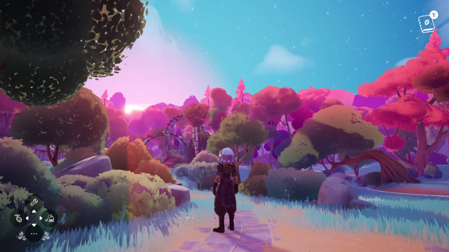 Un personaje está en un camino en un bosque surrealista con árboles rosas y morados.