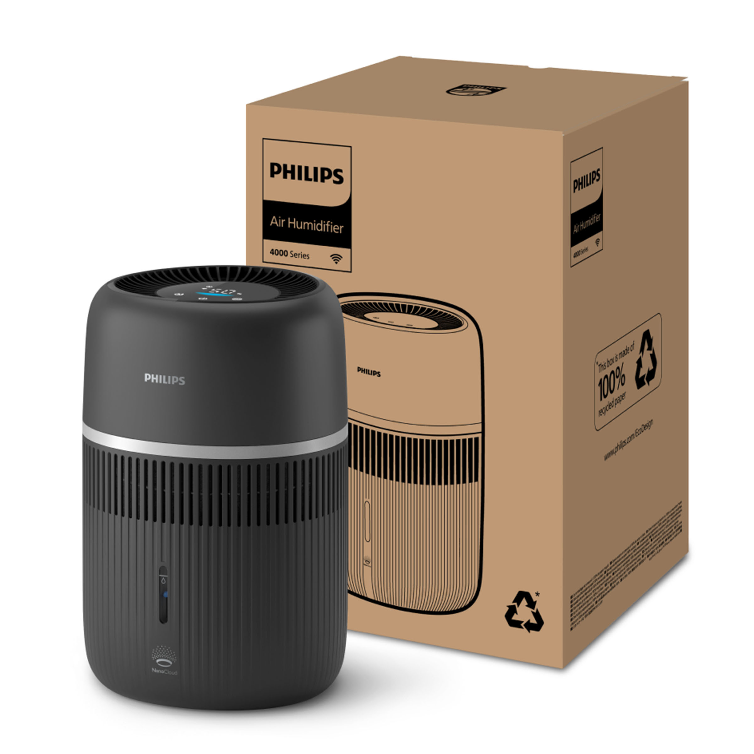 Czarny nawilżacz powietrza Philips obok kartonowego pudełka z informacjami o produkcie.