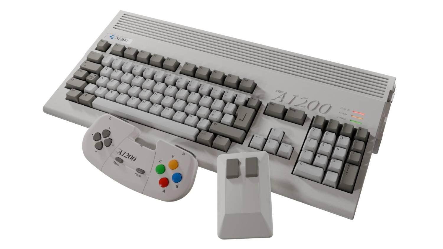 Un ordenador A1200 gris claro con teclado, ratón y mando sobre fondo blanco.