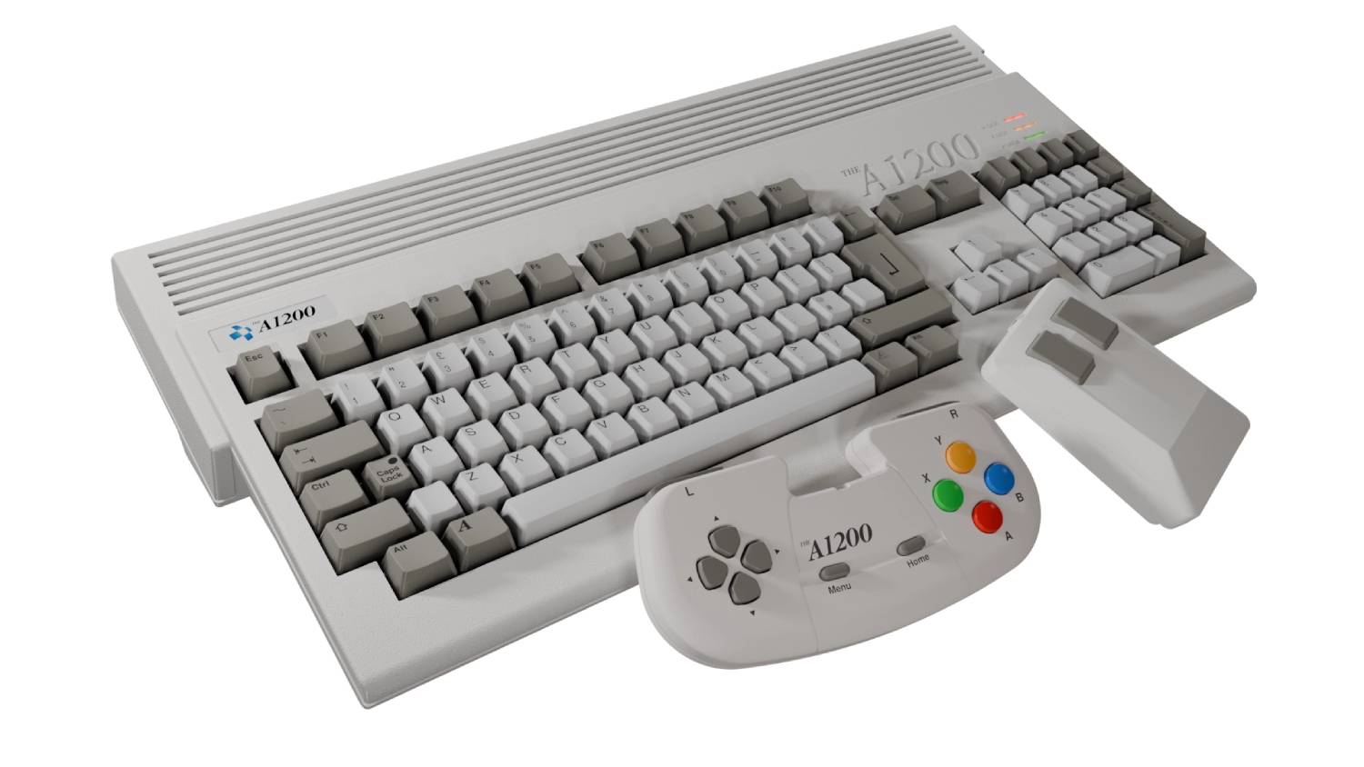 Un ordenador A1200 blanco con teclado, mando y ratón sobre fondo blanco.