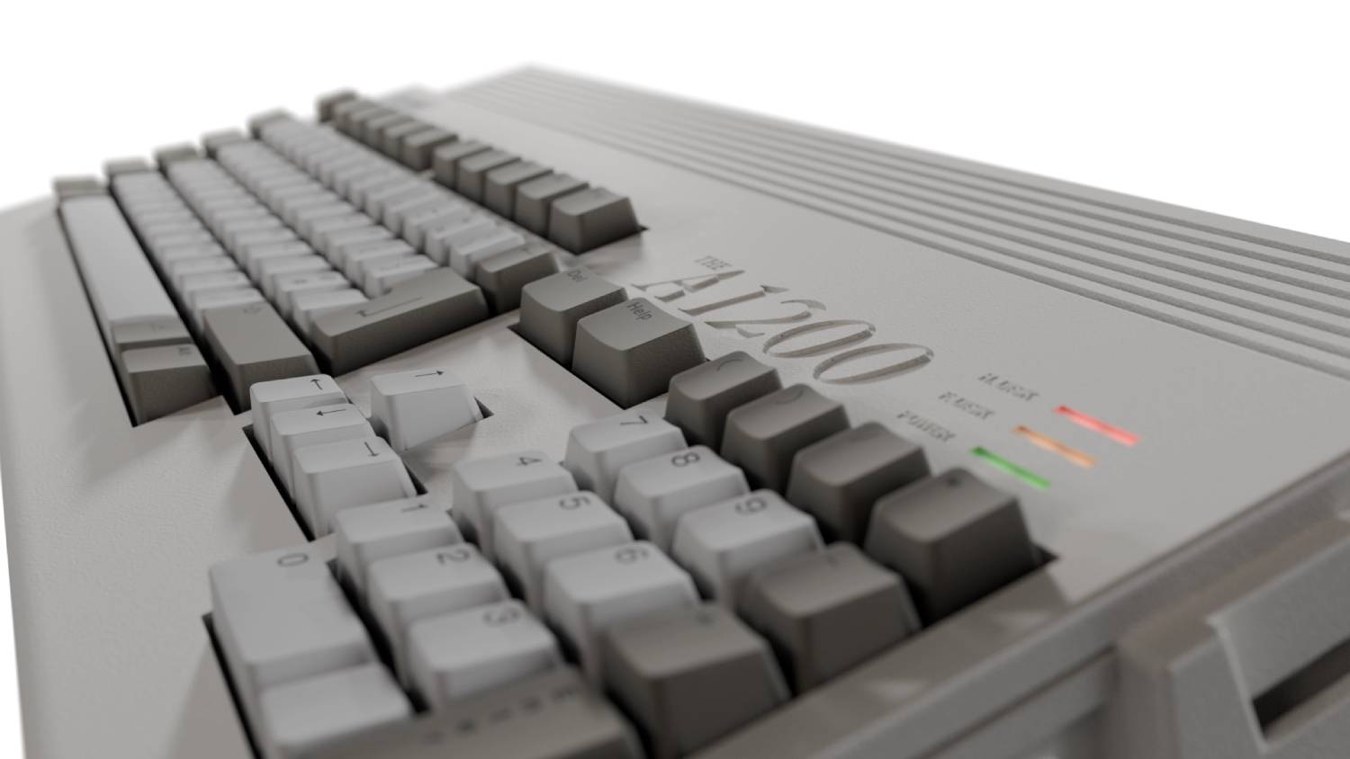 Computadora gris con teclado, luces "Power", "Ready", "Run" encendidas.