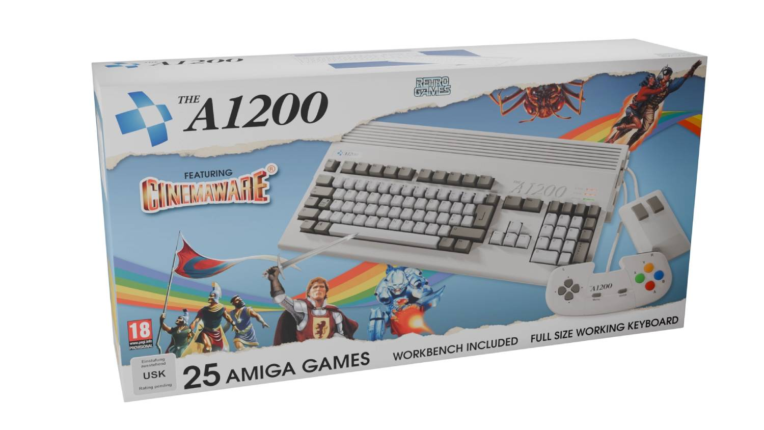 La caja A1200 muestra una computadora, teclado, ratón, controlador y gráficos de juegos.