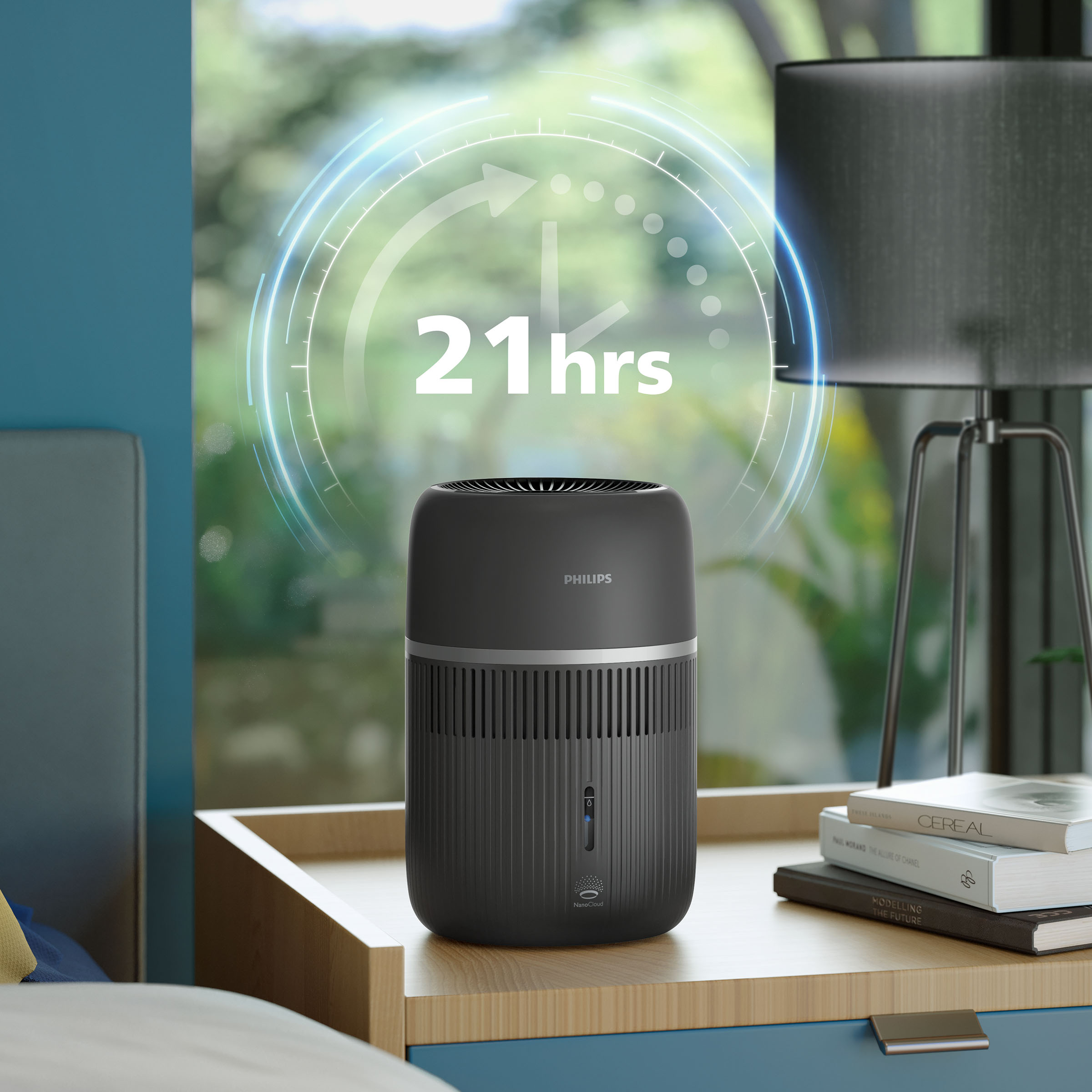 Oczyszczacz powietrza Philips na stoliku nocnym z książkami. Wyświetlono 21 godzin.