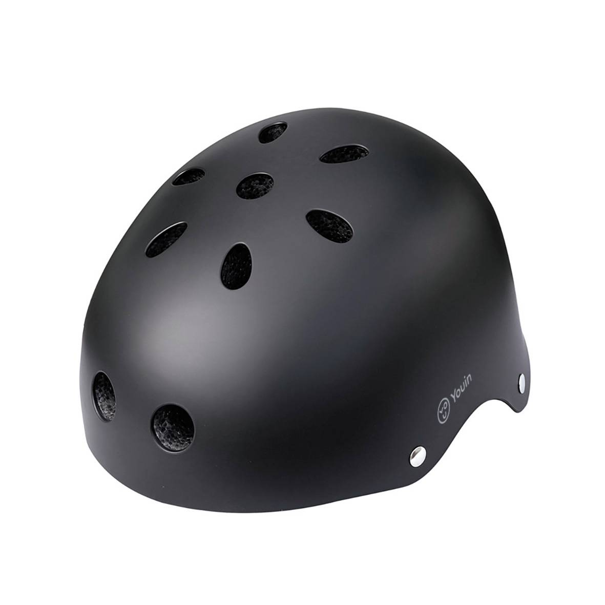 Un casco negro con orificios de ventilación y el logo 'Youin'.