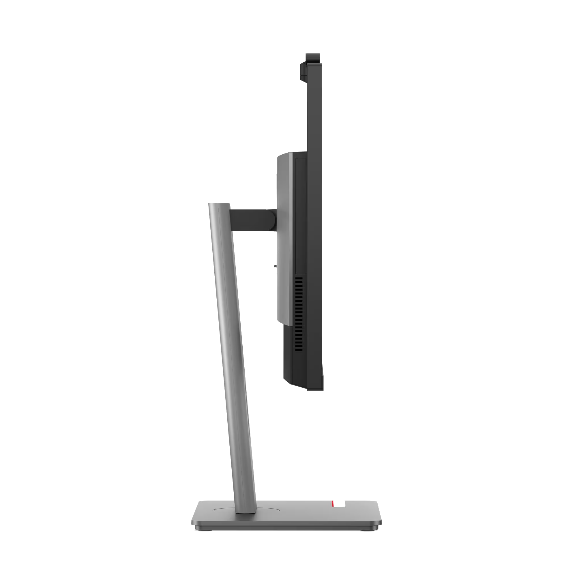 Soporte plateado para monitor con pantalla negra, vista lateral.